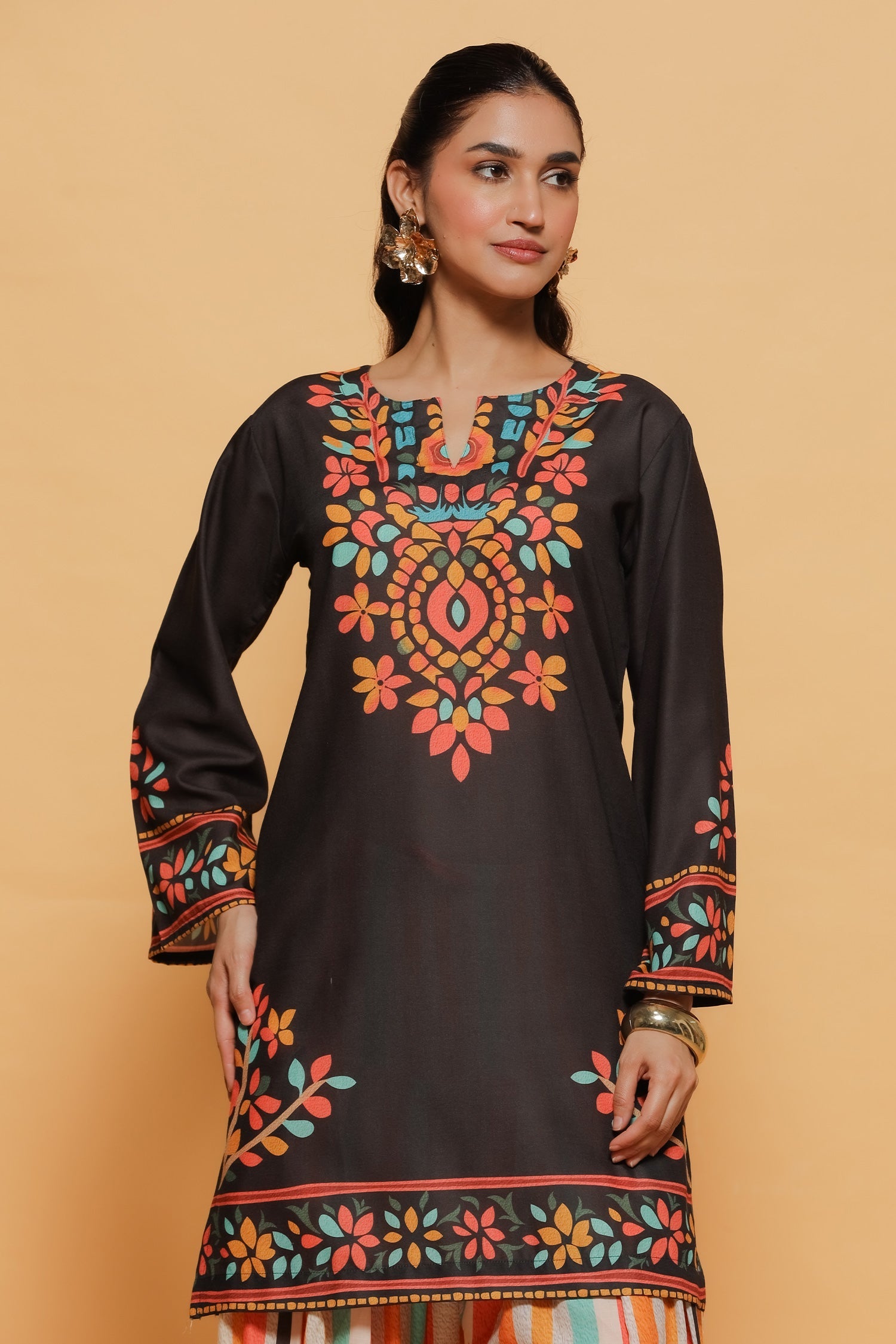 Plus Size - Black Multicolour Printed Lawn Cotton Co-ord Set with Farsi Pants