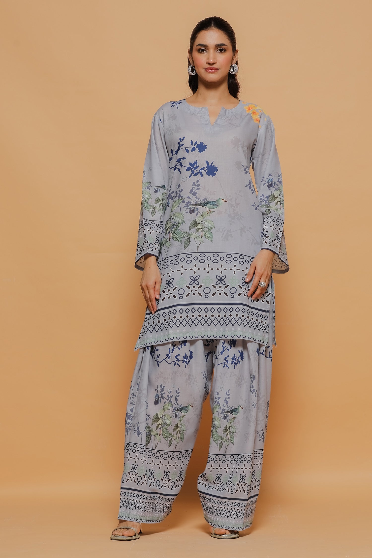 Grey Printed Lawn Cotton Co-ord Set with Farsi Pants