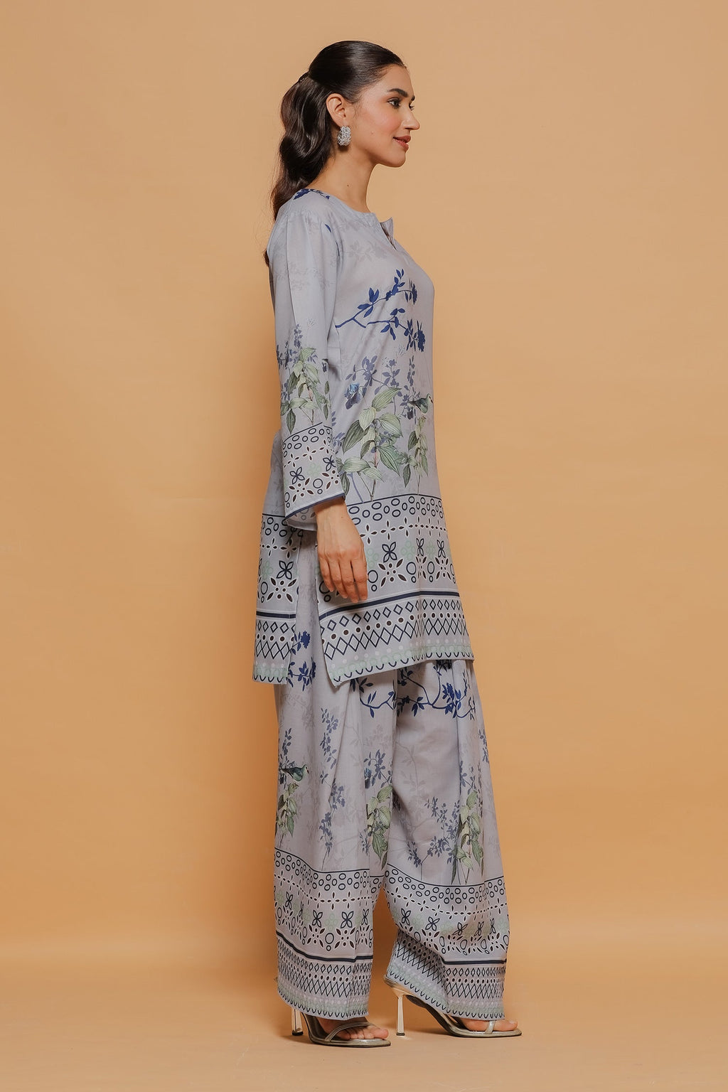 Grey Printed Lawn Cotton Co-ord Set with Farsi Pants
