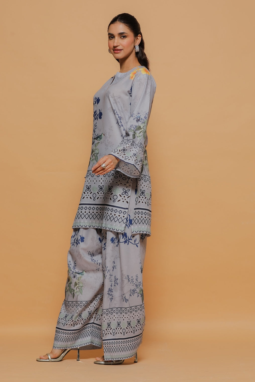 Grey Printed Lawn Cotton Co-ord Set with Farsi Pants