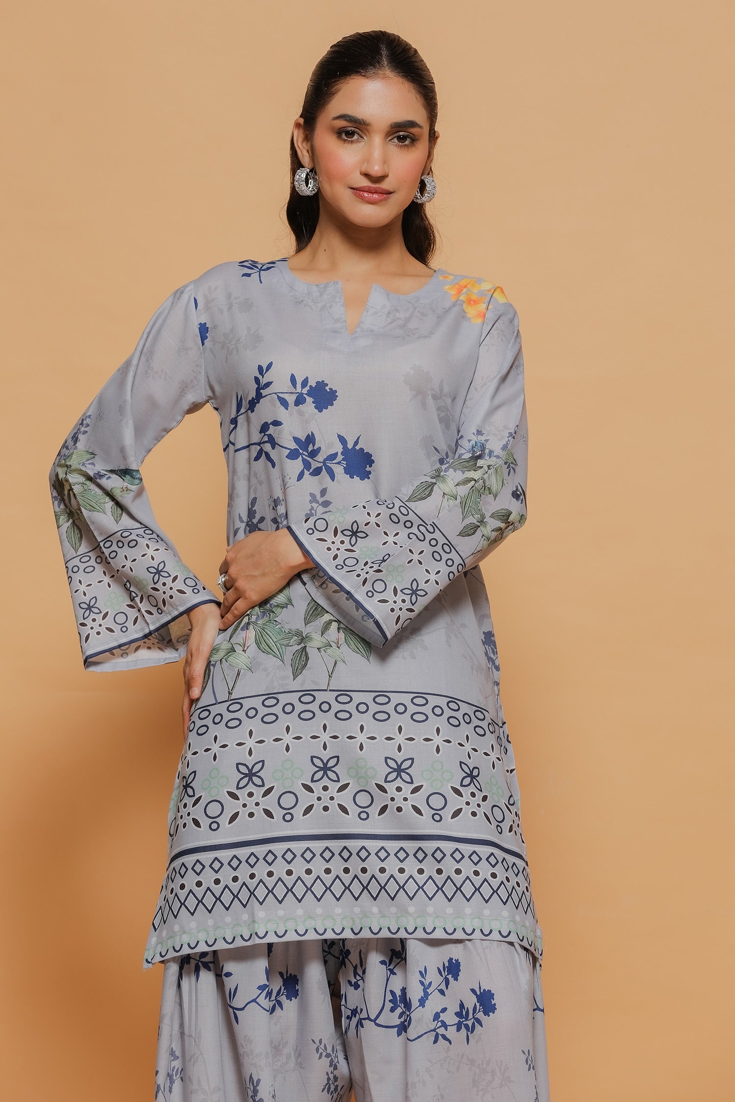 Grey Printed Lawn Cotton Co-ord Set with Farsi Pants