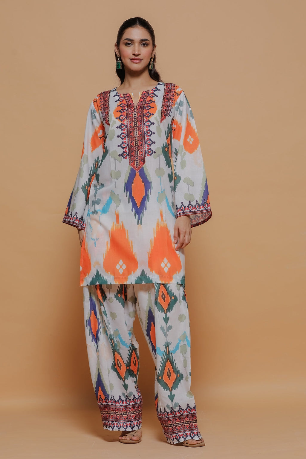 Neha x HOK in Grey Multicolour Ikat Printed Lawn Cotton Co-ord Set with Farsi Pants