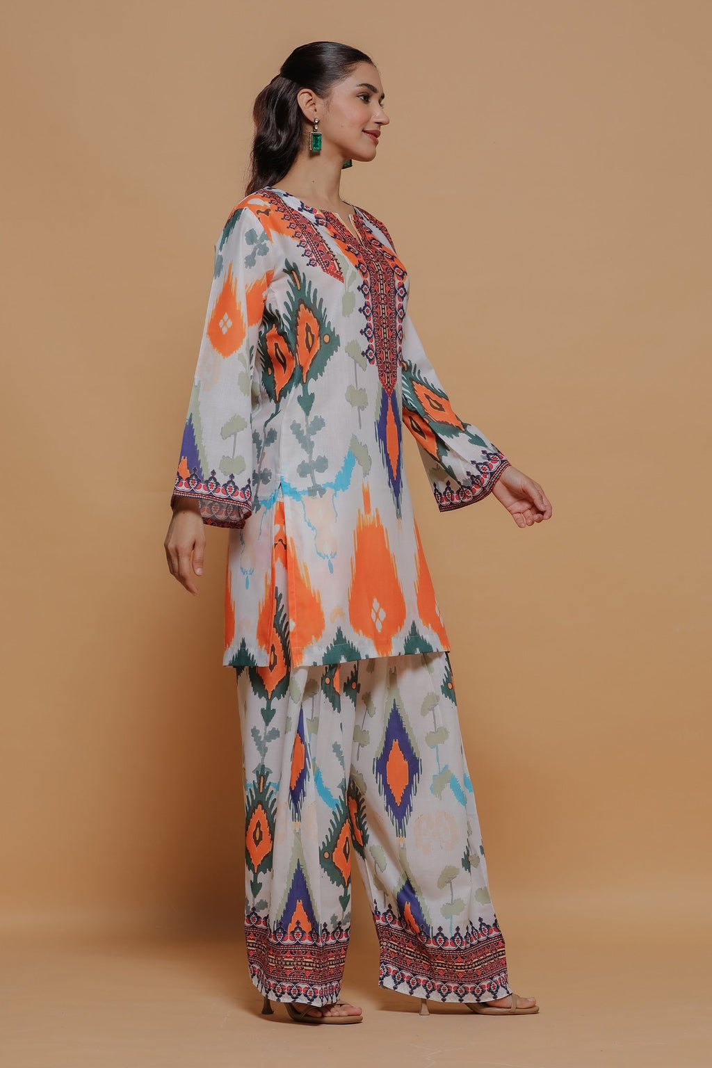 Neha x HOK in Grey Multicolour Ikat Printed Lawn Cotton Co-ord Set with Farsi Pants