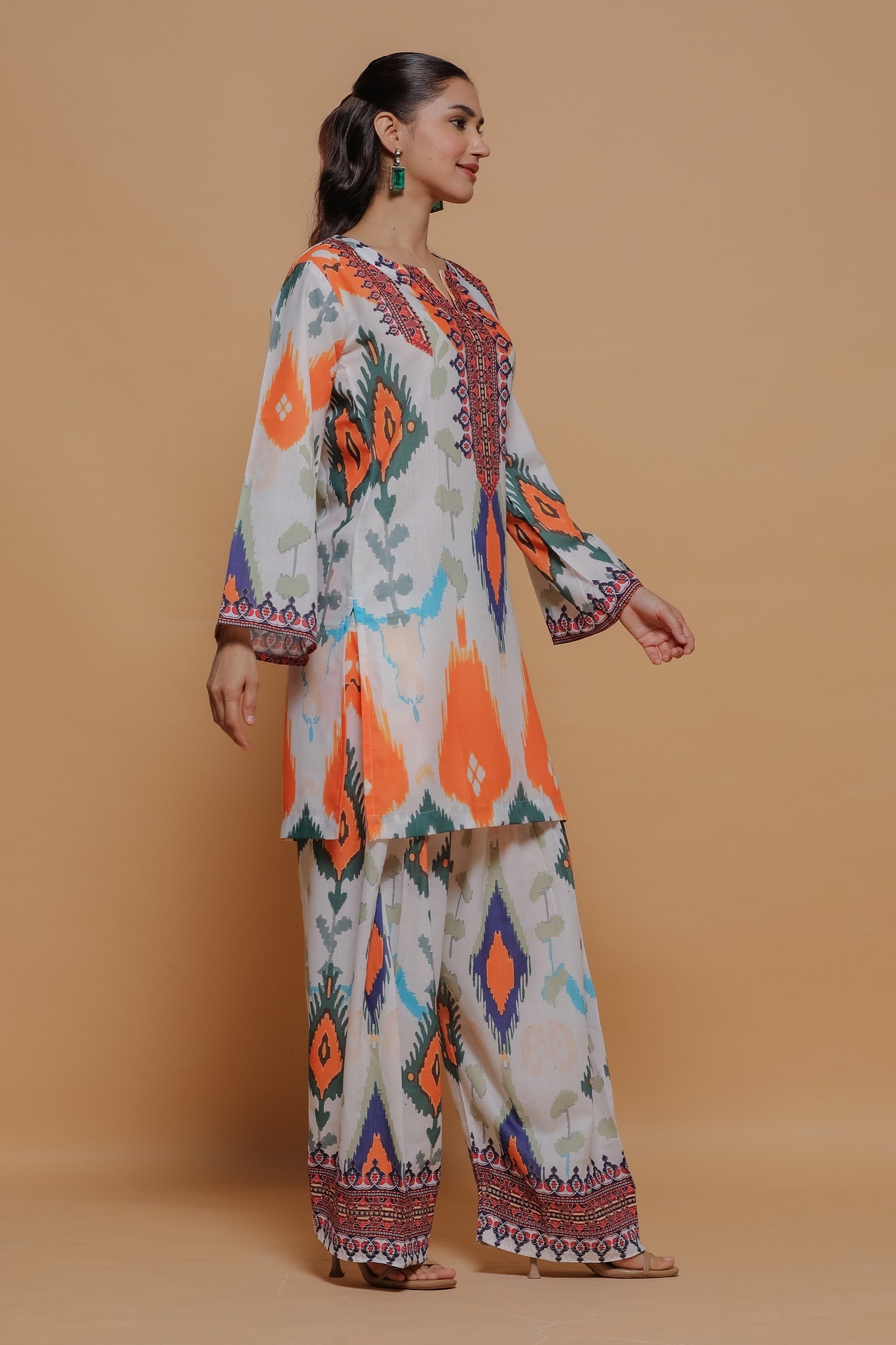 Neha x HOK in Grey Multicolour Ikat Printed Lawn Cotton Co-ord Set with Farsi Pants