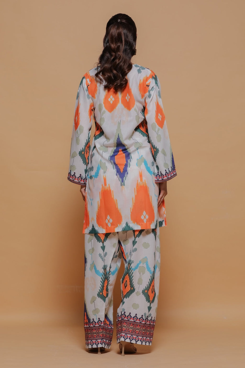 Neha x HOK in Grey Multicolour Ikat Printed Lawn Cotton Co-ord Set with Farsi Pants