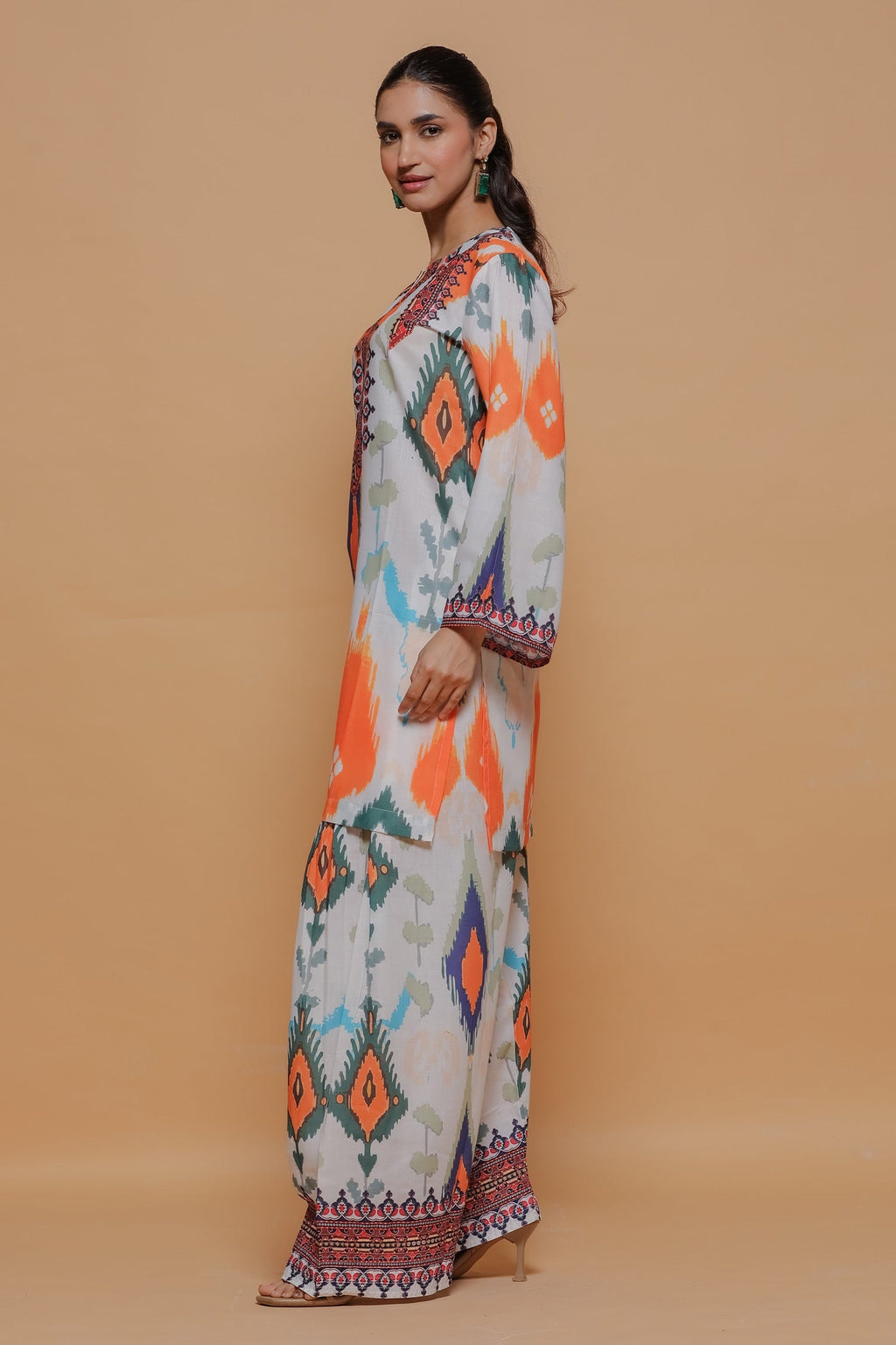 Neha x HOK in Grey Multicolour Ikat Printed Lawn Cotton Co-ord Set with Farsi Pants