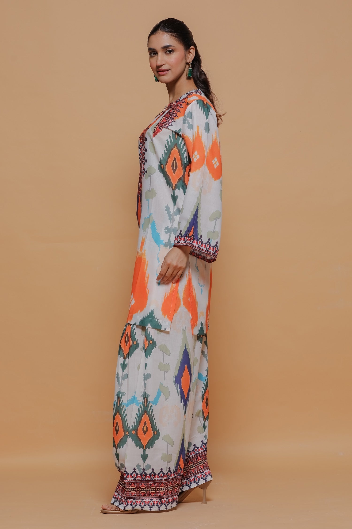 Neha x HOK in Grey Multicolour Ikat Printed Lawn Cotton Co-ord Set with Farsi Pants