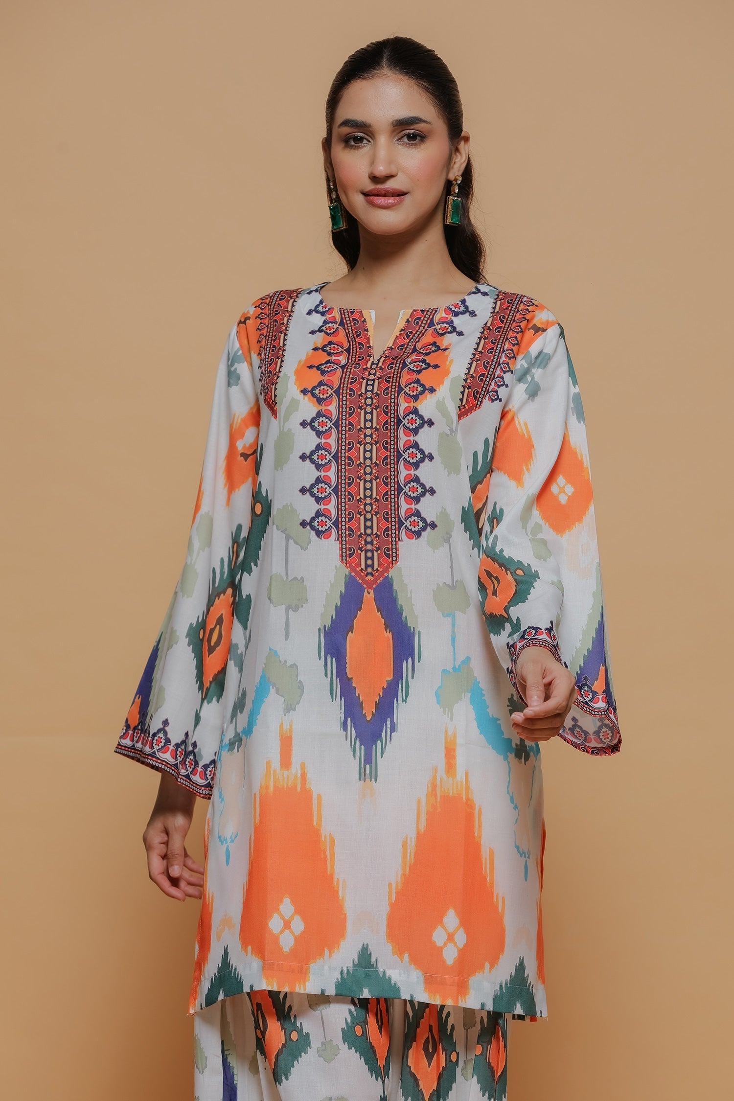 Neha x HOK in Grey Multicolour Ikat Printed Lawn Cotton Co-ord Set with Farsi Pants