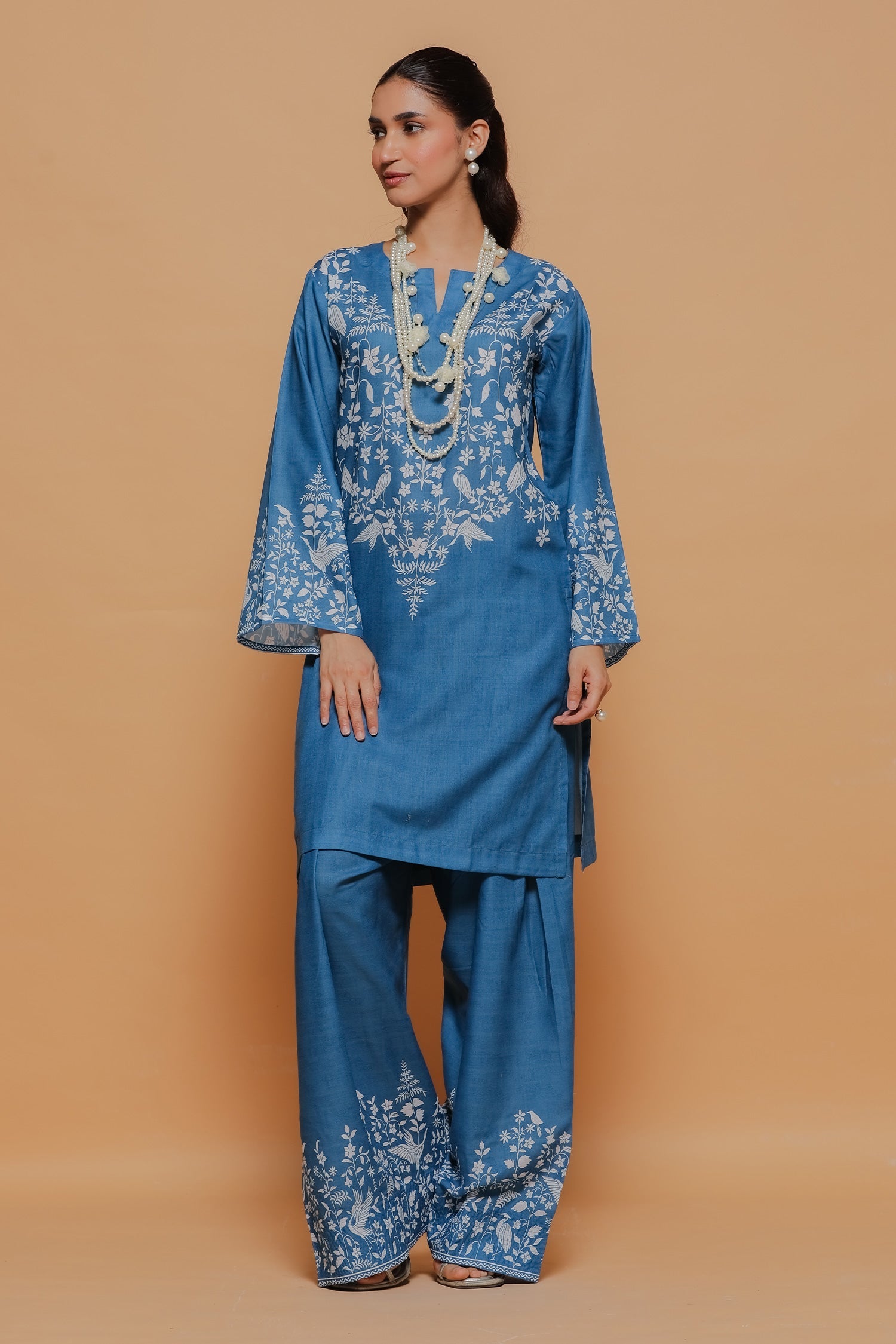 Plus Size - Indigo Blue Printed Lawn Cotton Co-ord Set with Farsi Pants