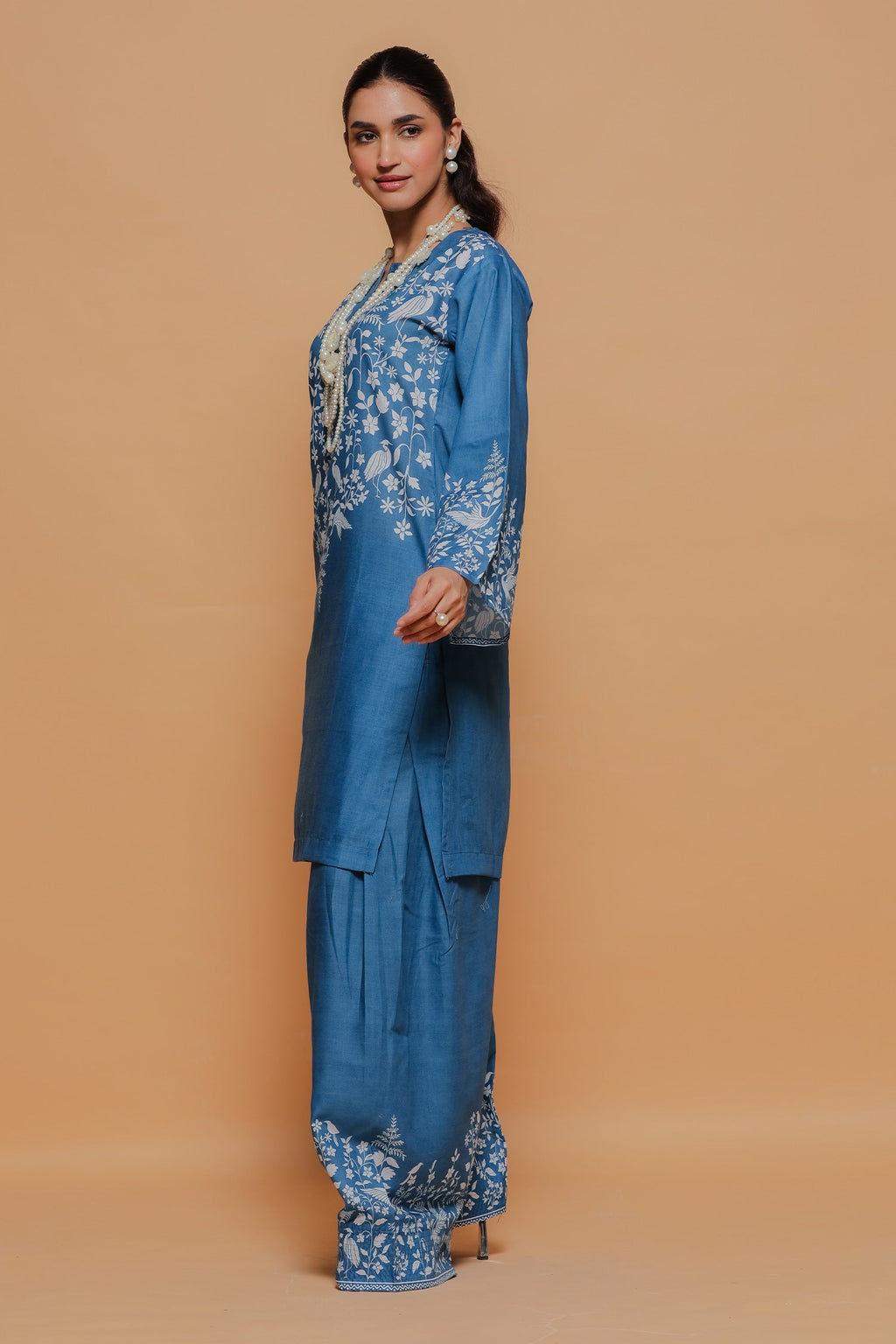 Plus Size - Indigo Blue Printed Lawn Cotton Co-ord Set with Farsi Pants