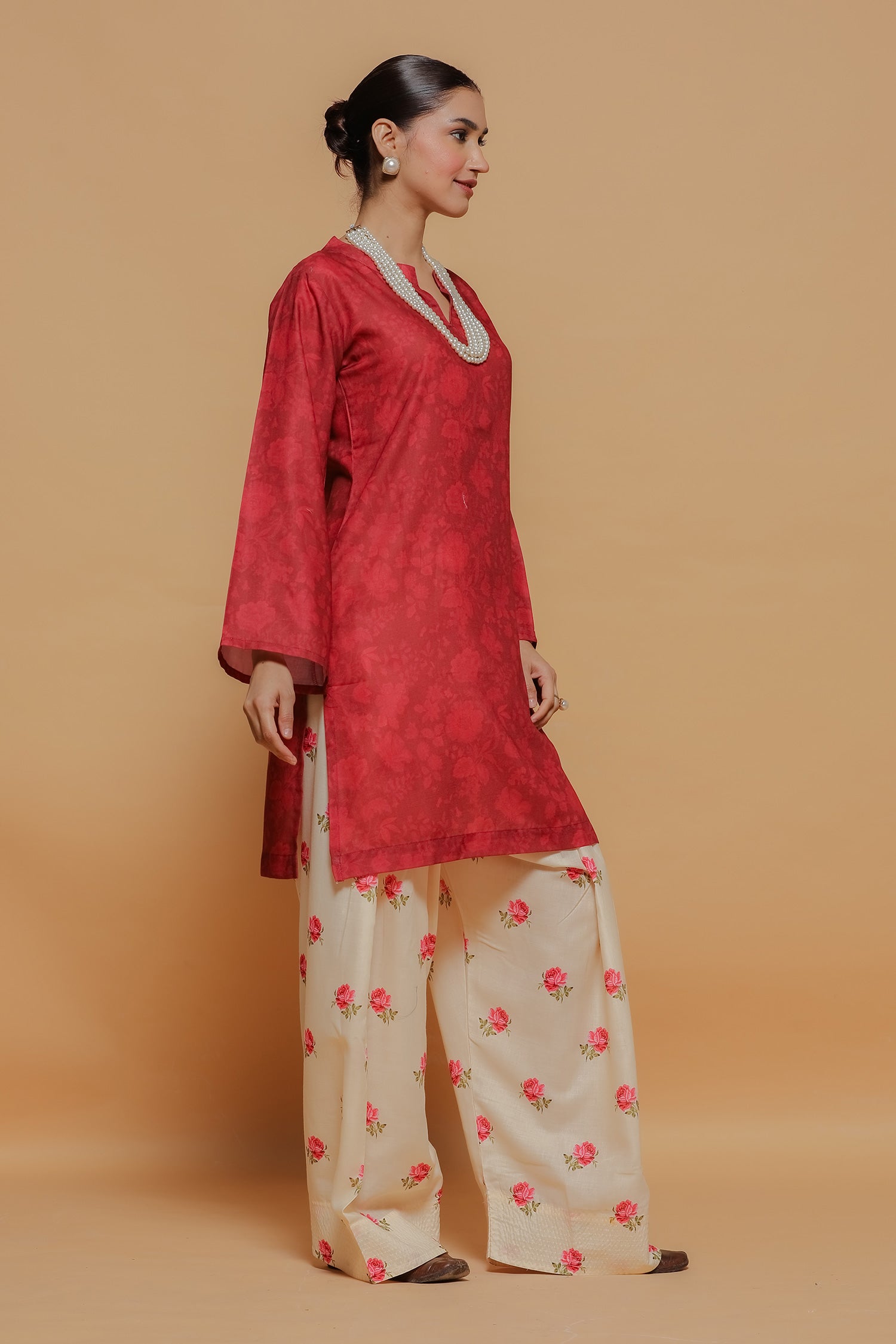 Plus Size - Red Printed Lawn Cotton Co-ord Set with Farsi Pants