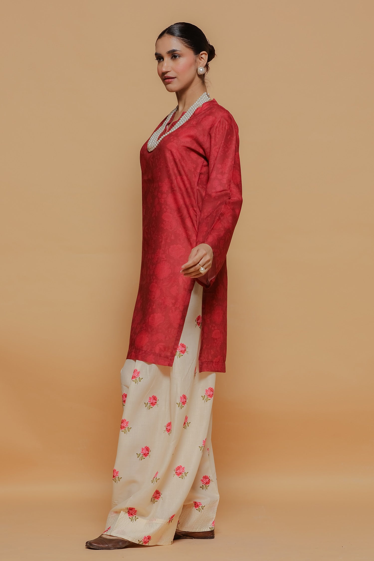 Red Printed Lawn Cotton Co-ord Set with Farsi Pants