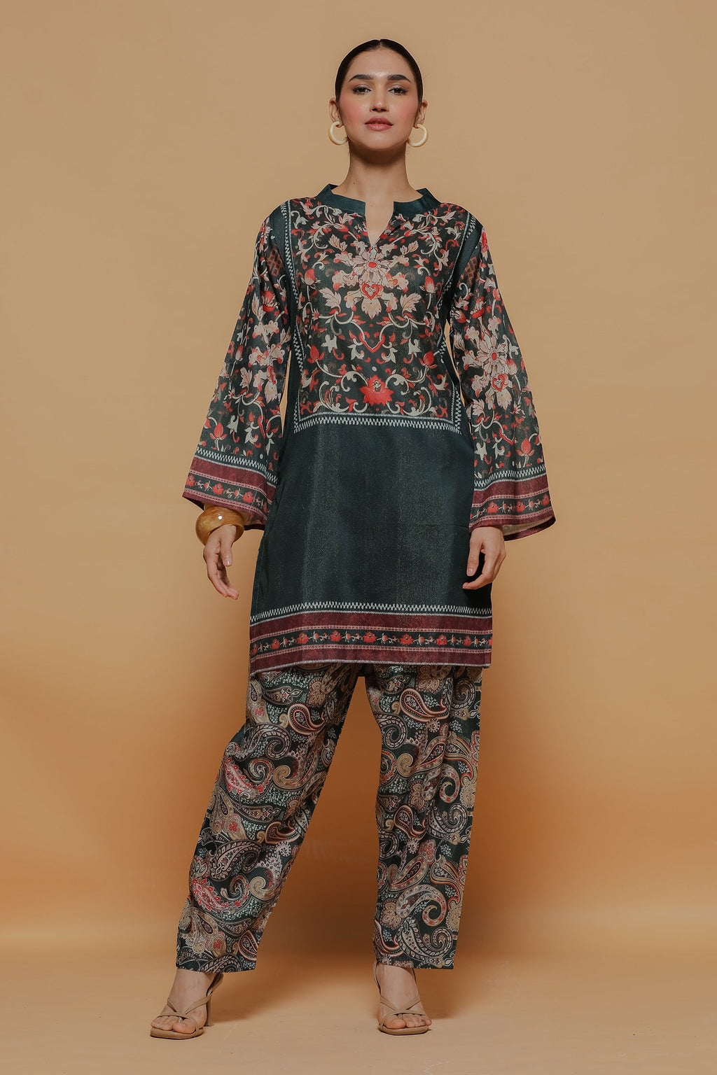 Emerald Green Printed Shimmer Lawn Cotton Co-ord Set with Straight Pants