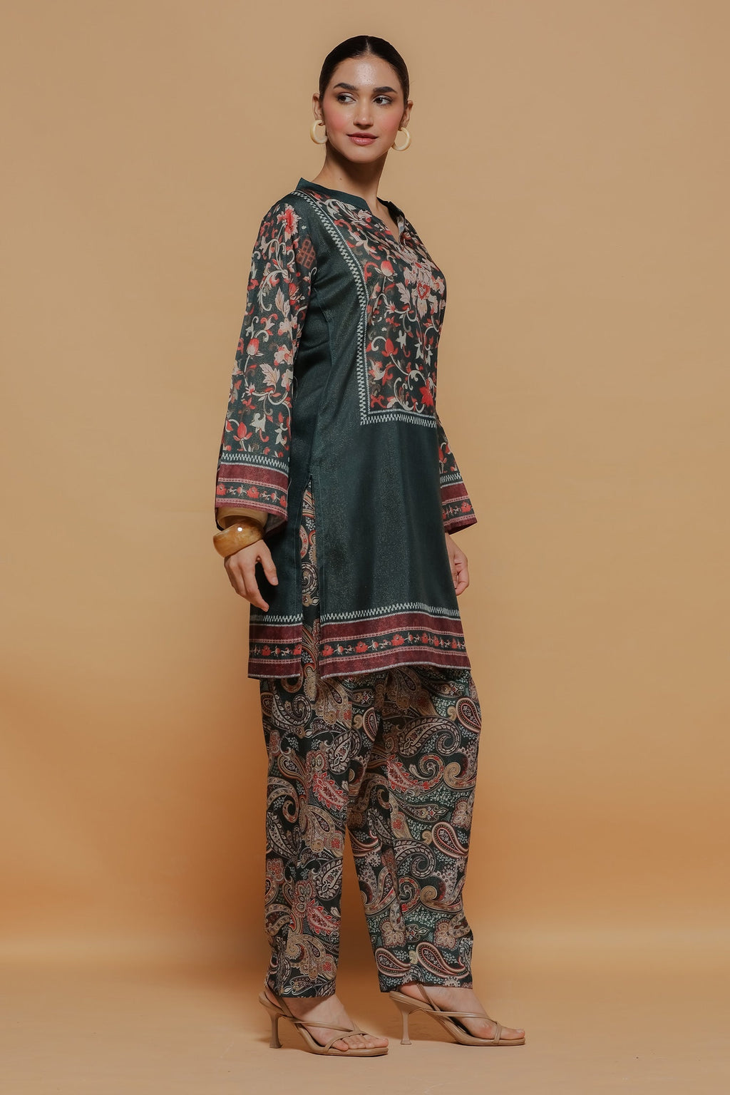Emerald Green Printed Shimmer Lawn Cotton Co-ord Set with Straight Pants