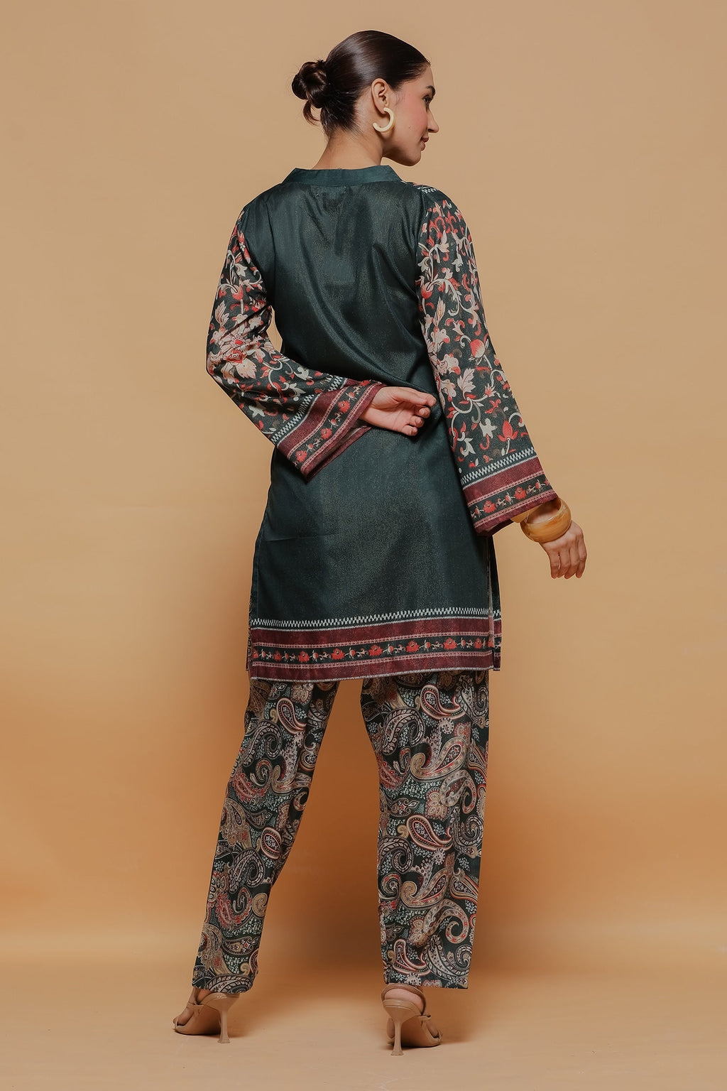 Emerald Green Printed Shimmer Lawn Cotton Co-ord Set with Straight Pants