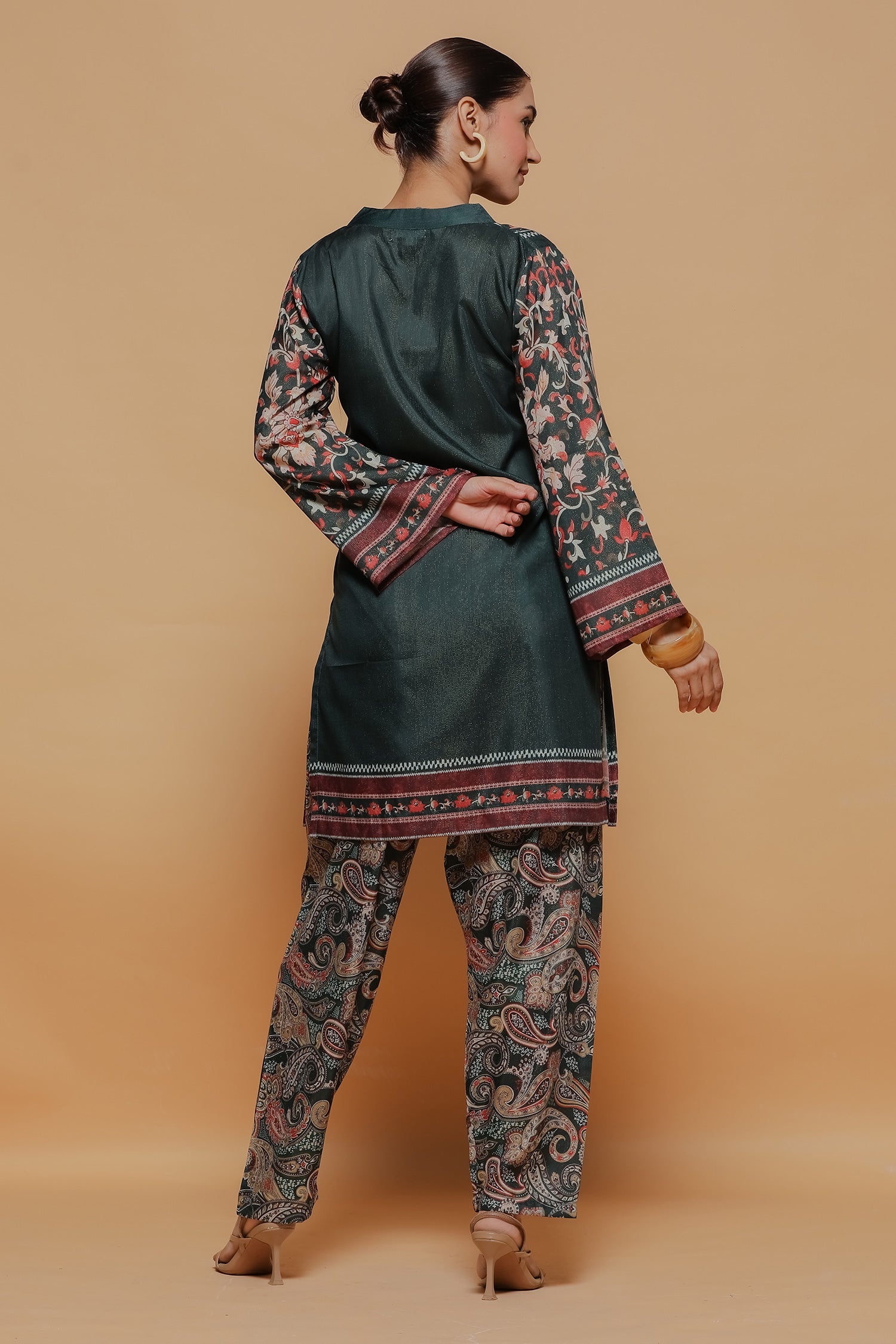 Emerald Green Printed Shimmer Lawn Cotton Co-ord Set with Straight Pants