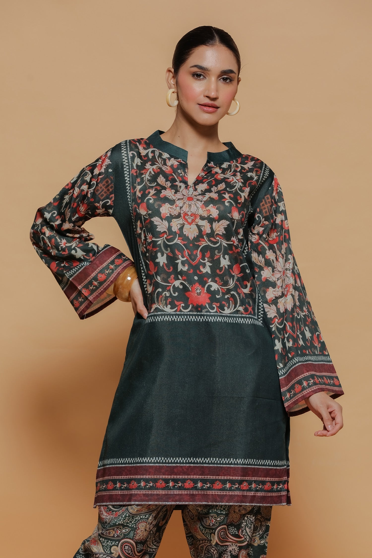 Emerald Green Printed Shimmer Lawn Cotton Co-ord Set with Straight Pants