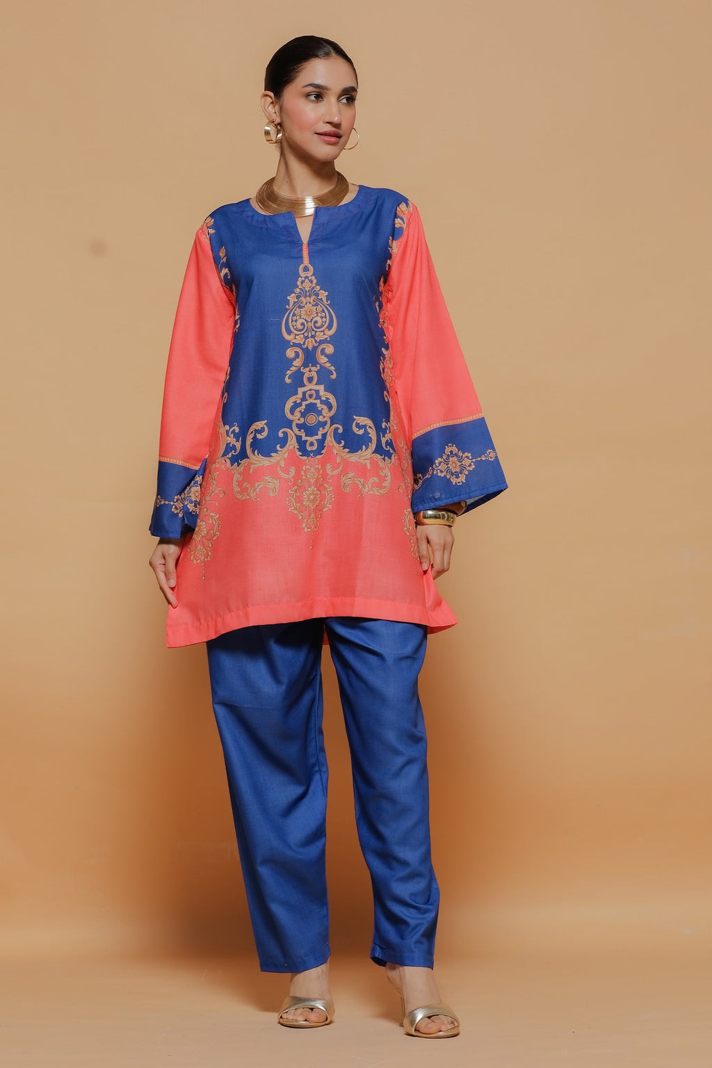 Radhika In Coral & Royal Blue Printed Lawn Cotton Co-ord Set with Straight Pants