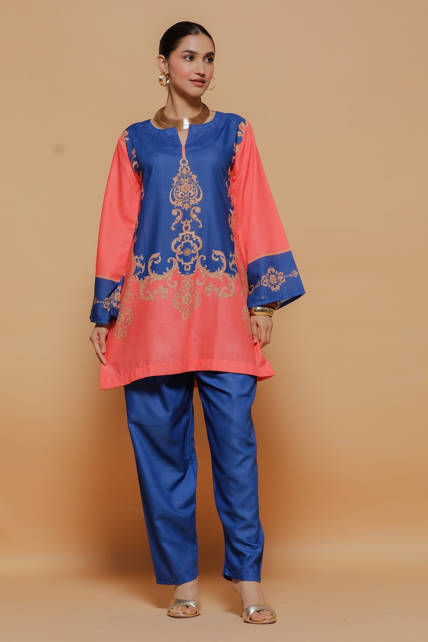Radhika In Coral & Royal Blue Printed Lawn Cotton Co-ord Set with Straight Pants