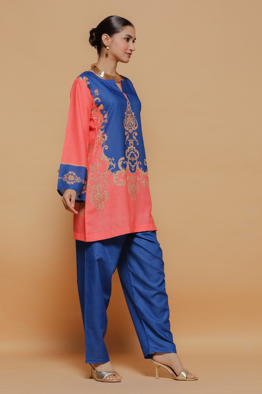 Radhika In Coral & Royal Blue Printed Lawn Cotton Co-ord Set with Straight Pants