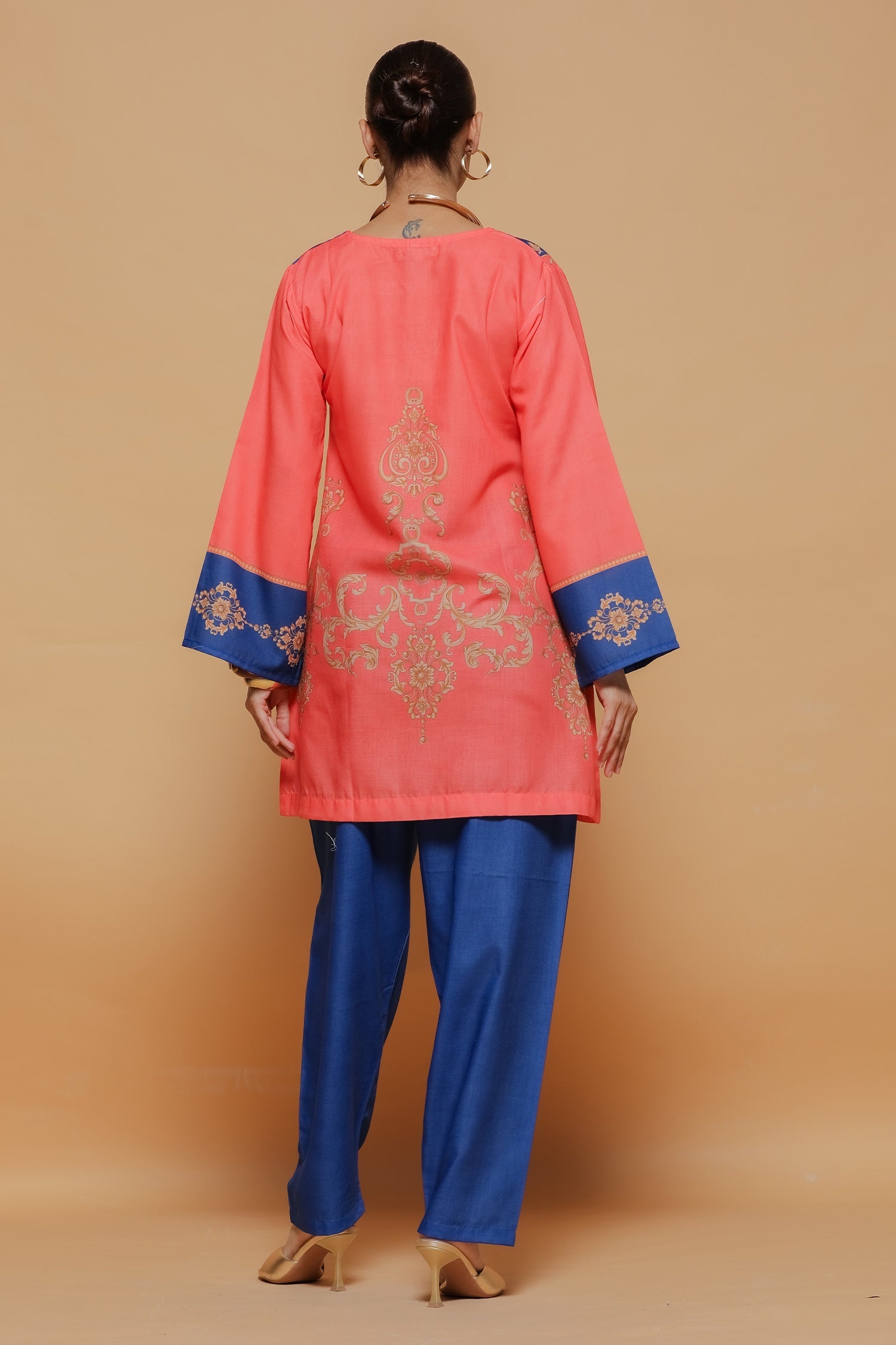 Coral & Royal Blue Printed Lawn Cotton Co-ord Set with Straight Pants