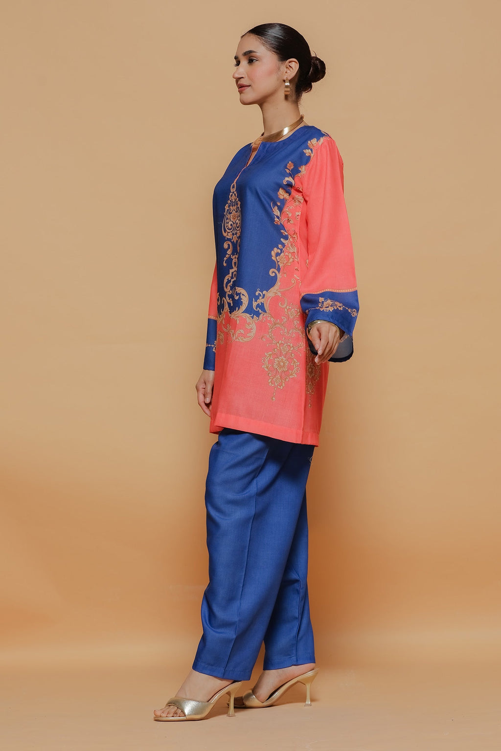 Radhika In Coral & Royal Blue Printed Lawn Cotton Co-ord Set with Straight Pants
