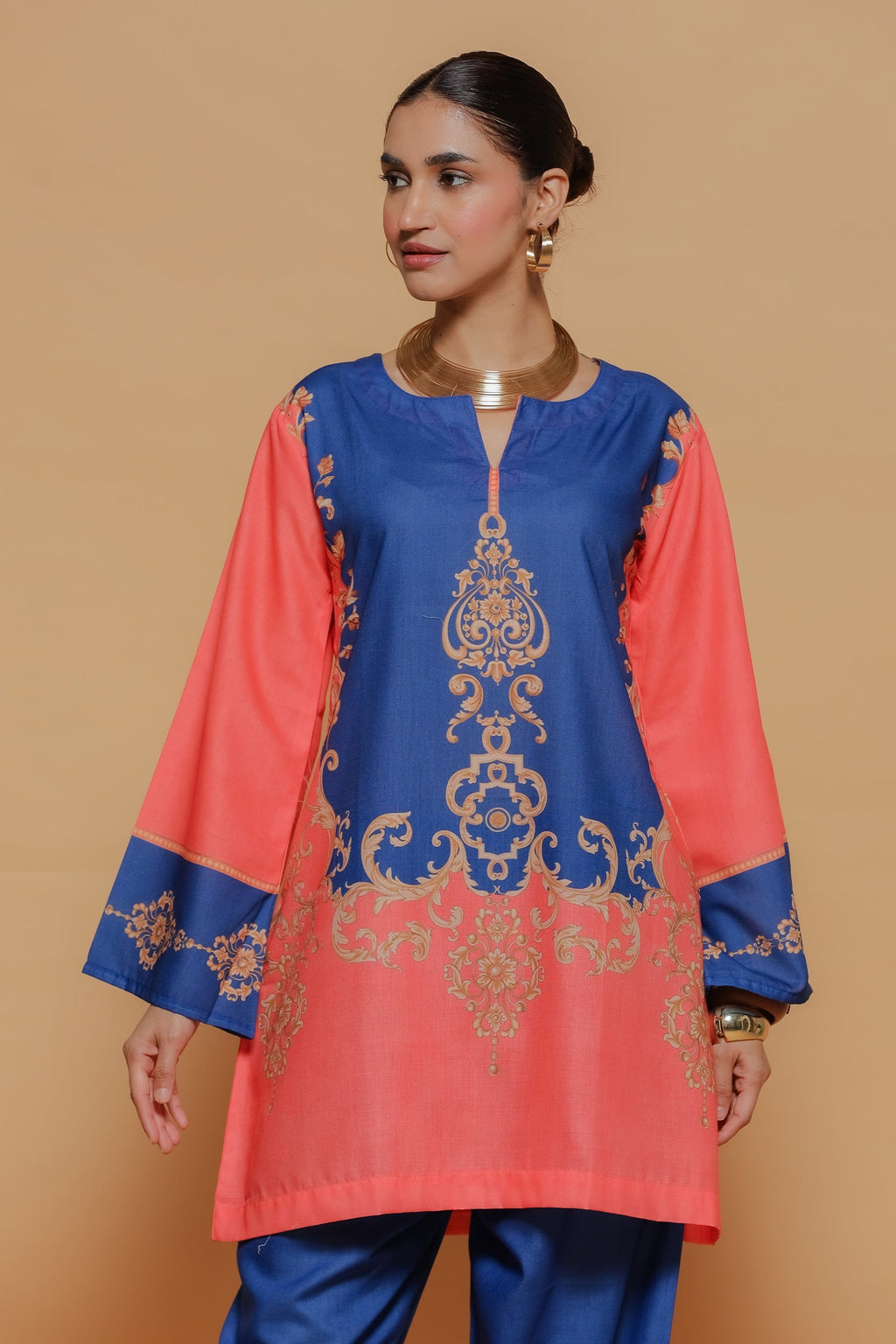 Coral & Royal Blue Printed Lawn Cotton Co-ord Set with Straight Pants