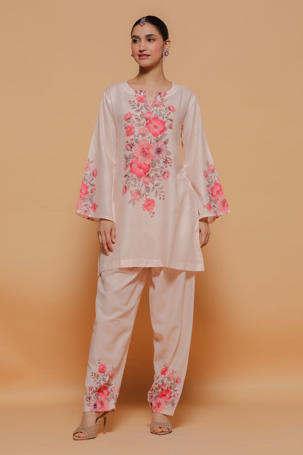 Blush Beige Floral Printed Lawn Cotton Co-ord Set with Straight Pants