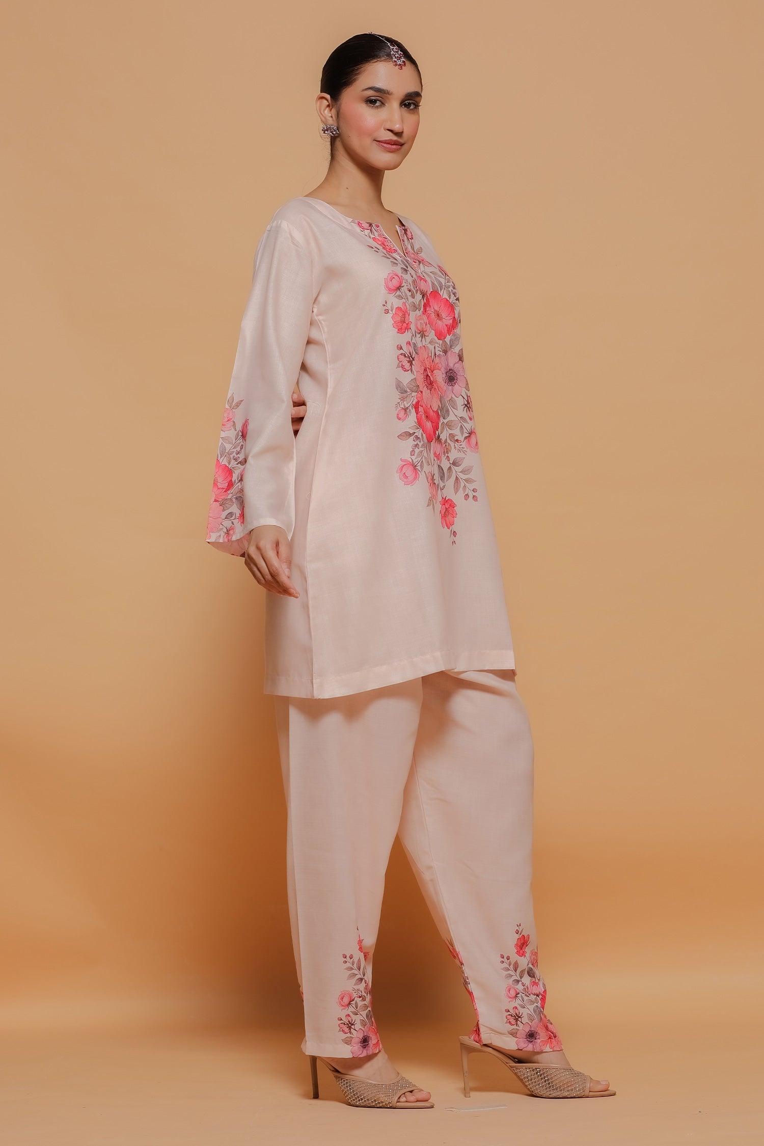 Blush Beige Floral Printed Lawn Cotton Co-ord Set with Straight Pants