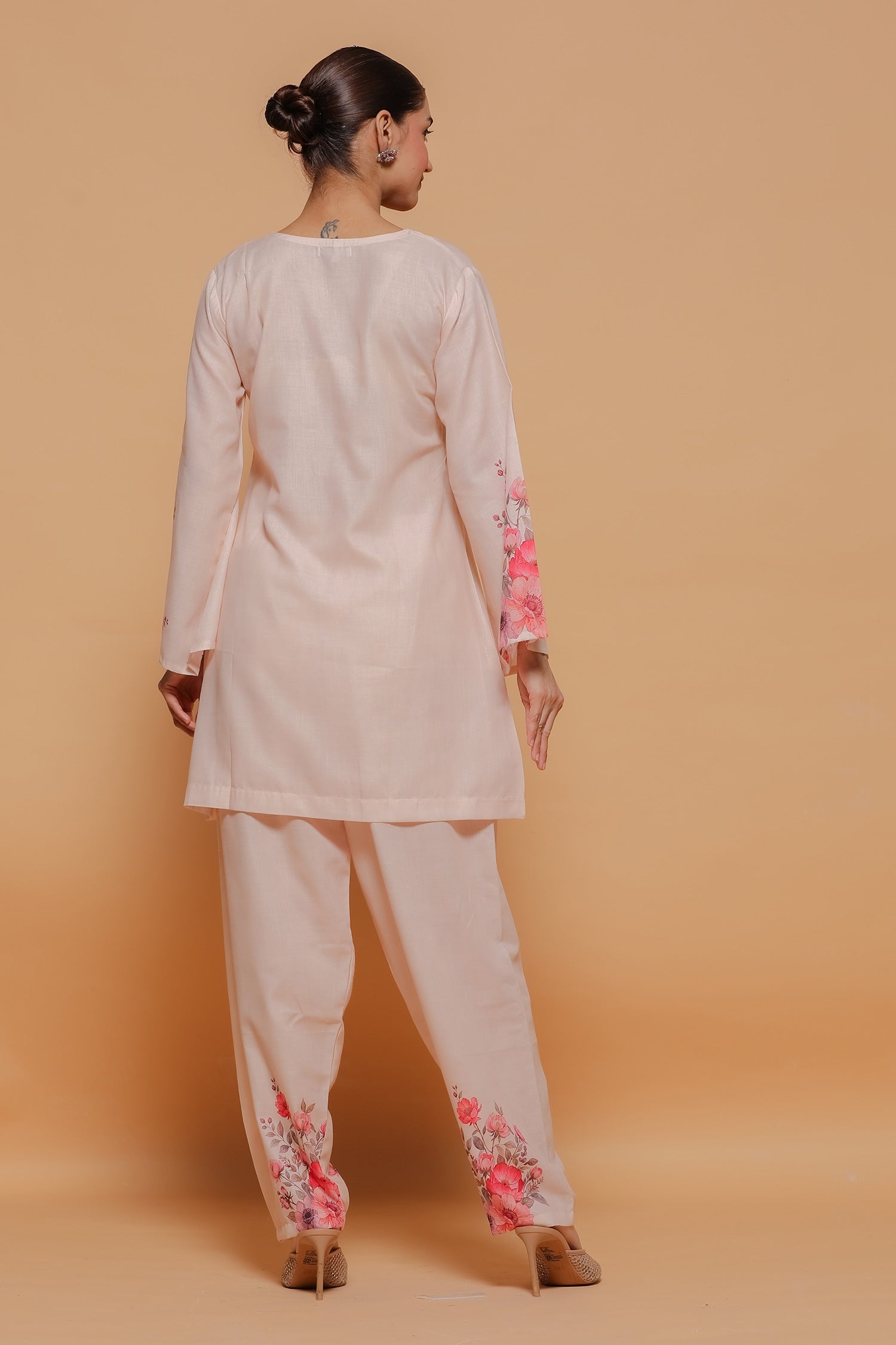 Blush Beige Floral Printed Lawn Cotton Co-ord Set with Straight Pants