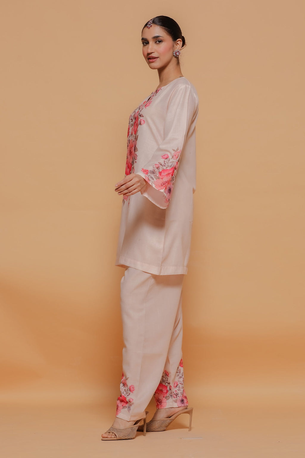 Blush Beige Floral Printed Lawn Cotton Co-ord Set with Straight Pants