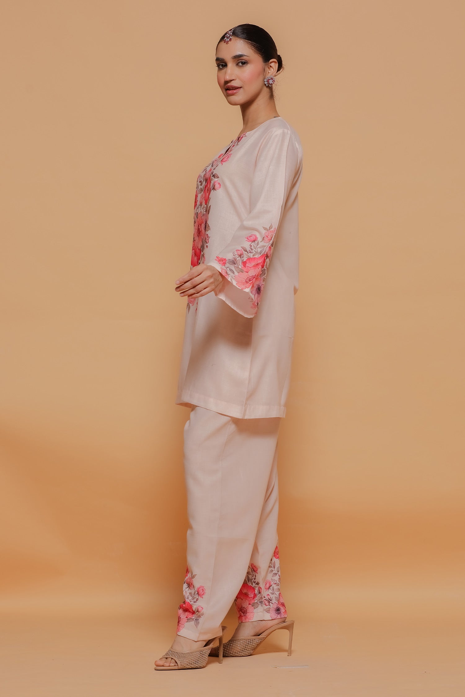 Blush Beige Floral Printed Lawn Cotton Co-ord Set with Straight Pants