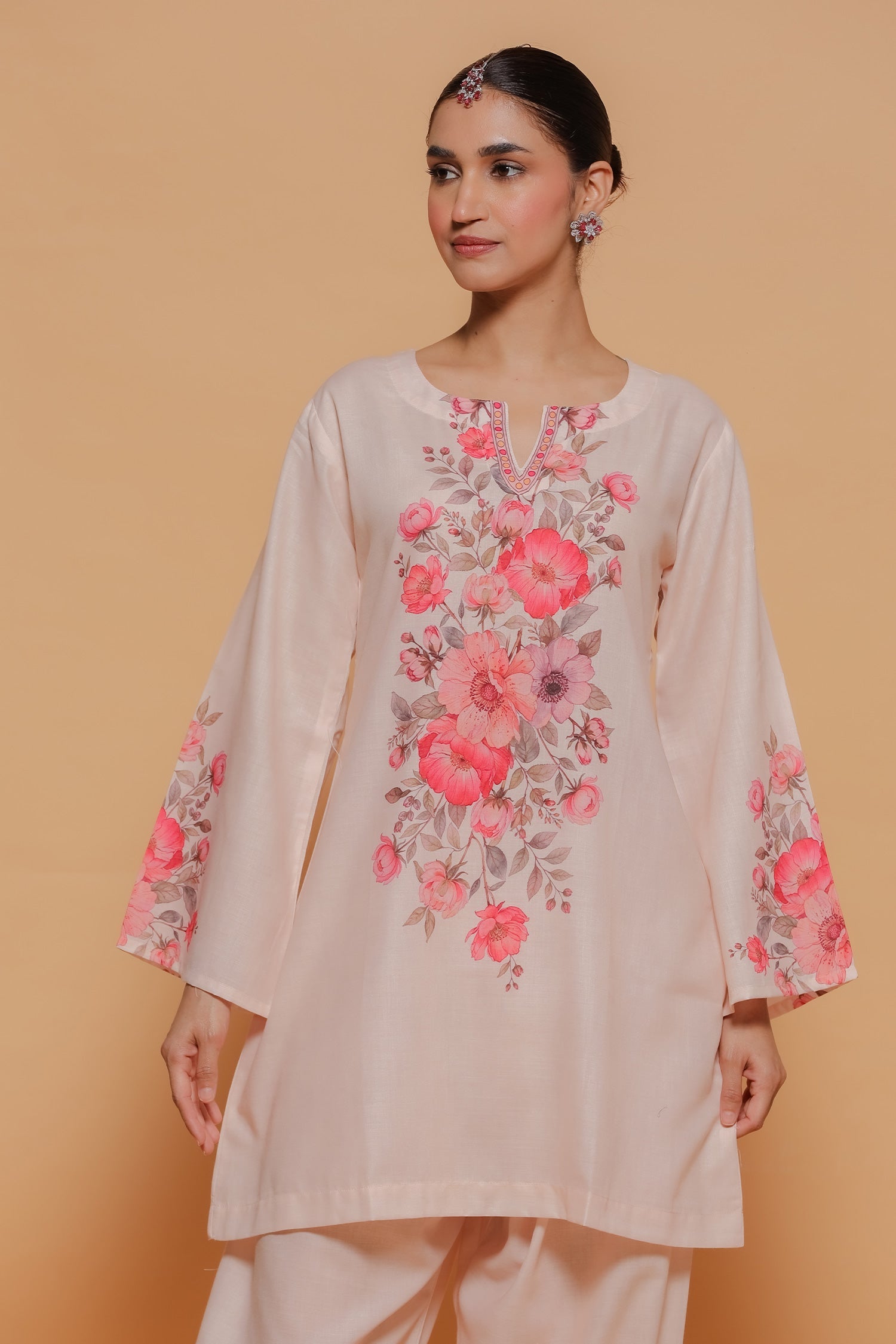 Blush Beige Floral Printed Lawn Cotton Co-ord Set with Straight Pants