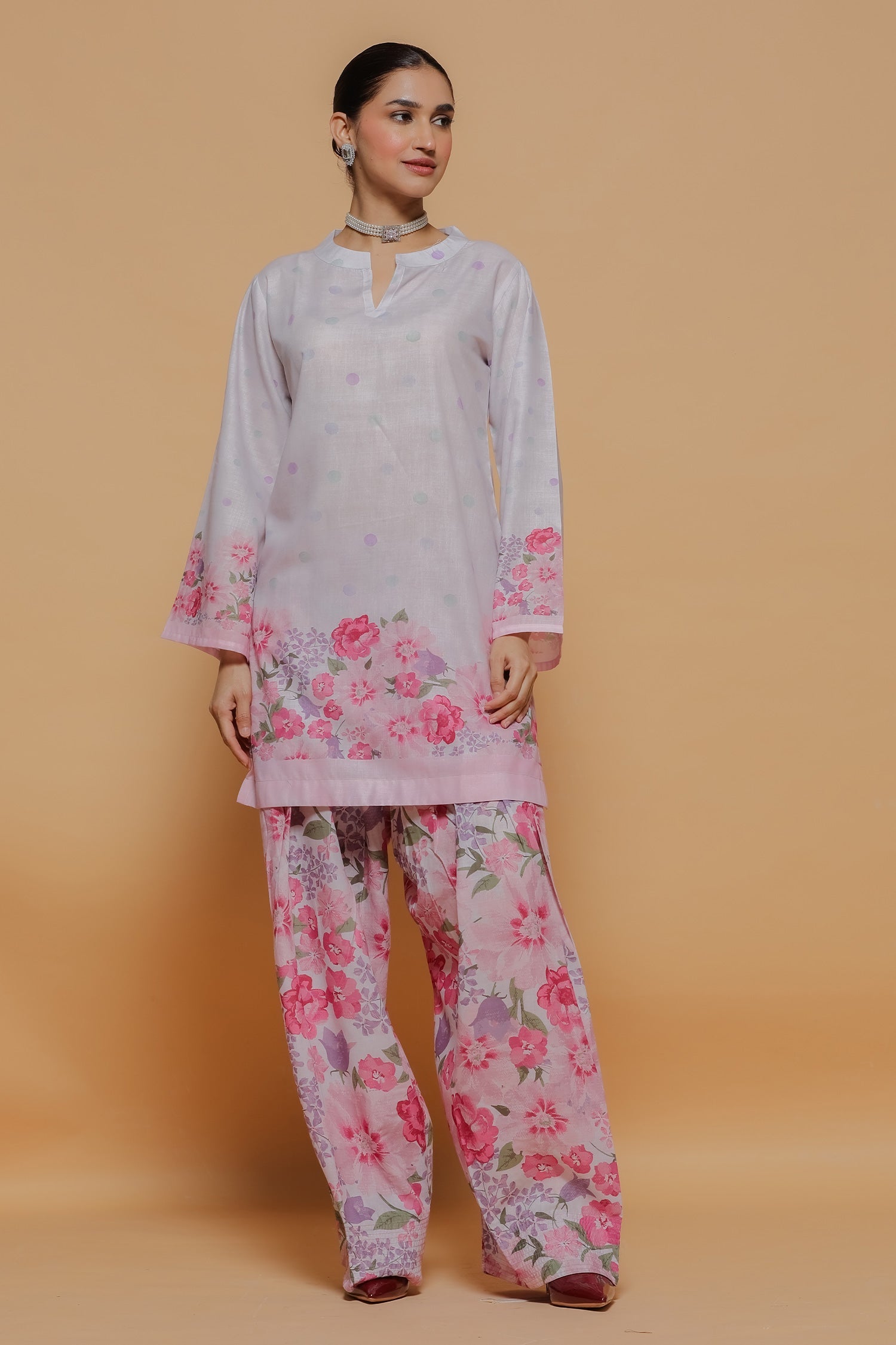 Blush Pink Printed Lawn Cotton Co-ord Set with Farsi Pants