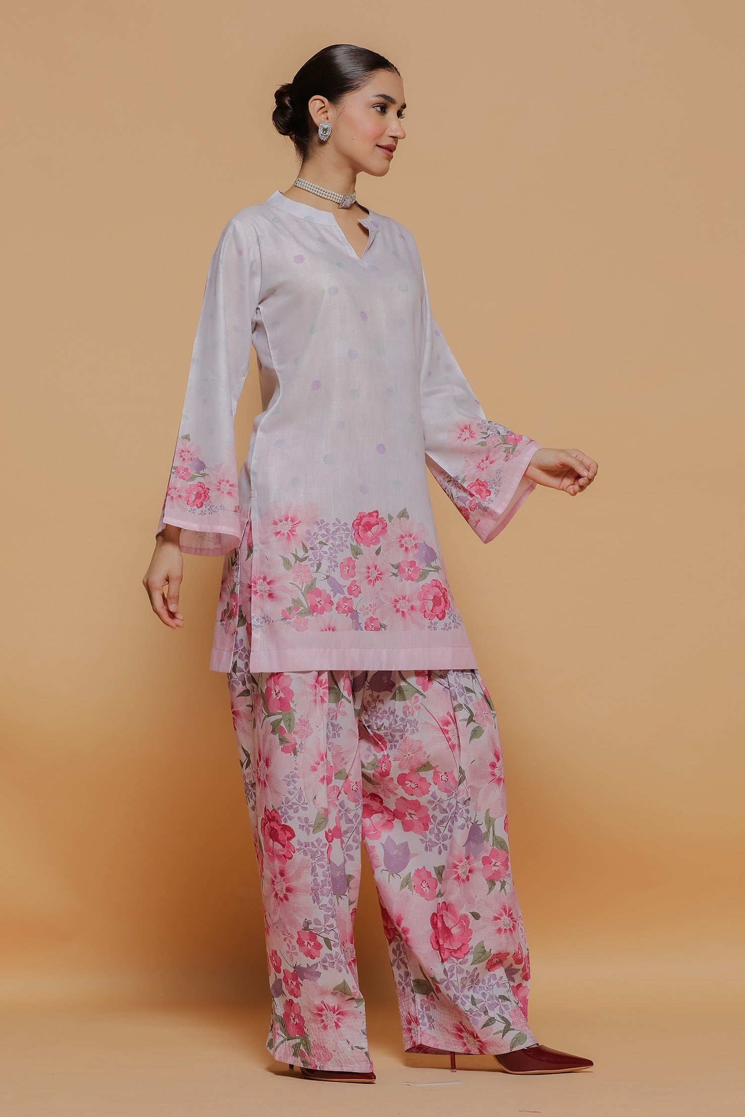 Blush Pink Printed Lawn Cotton Co-ord Set with Farsi Pants