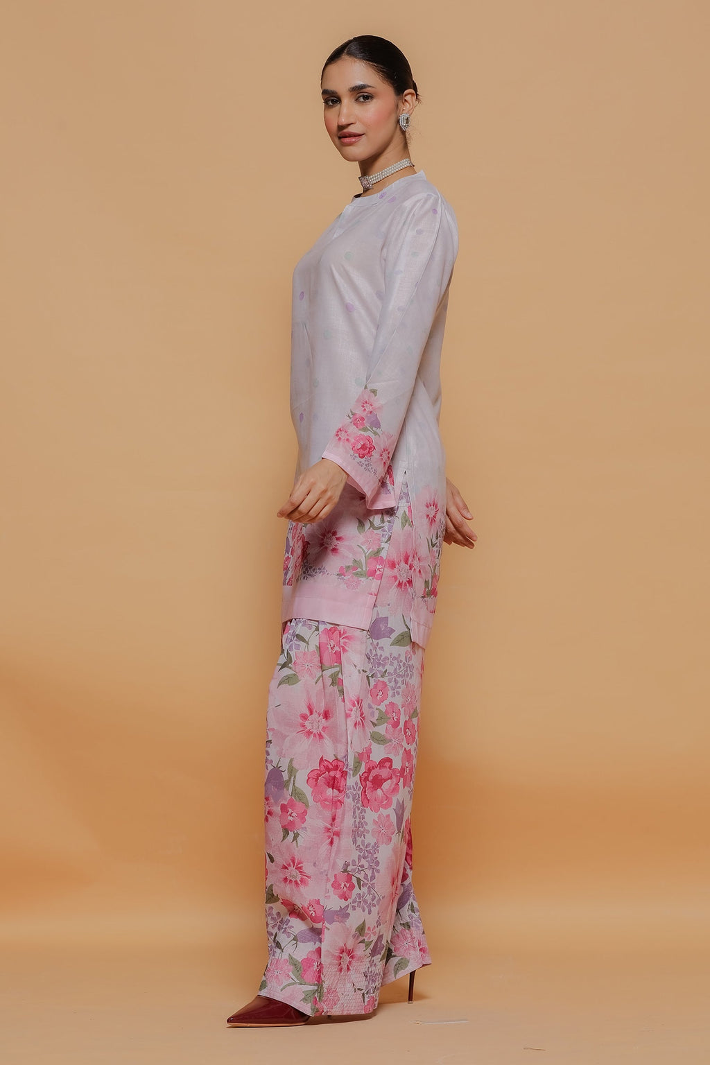 Blush Pink Printed Lawn Cotton Co-ord Set with Farsi Pants