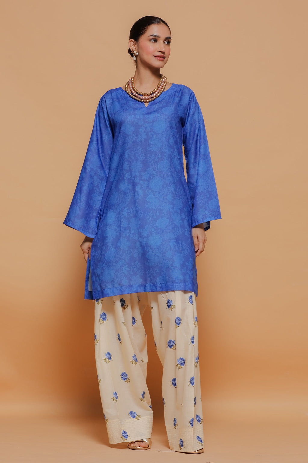 Blue Printed Lawn Cotton Co-ord Set with Farsi Pants