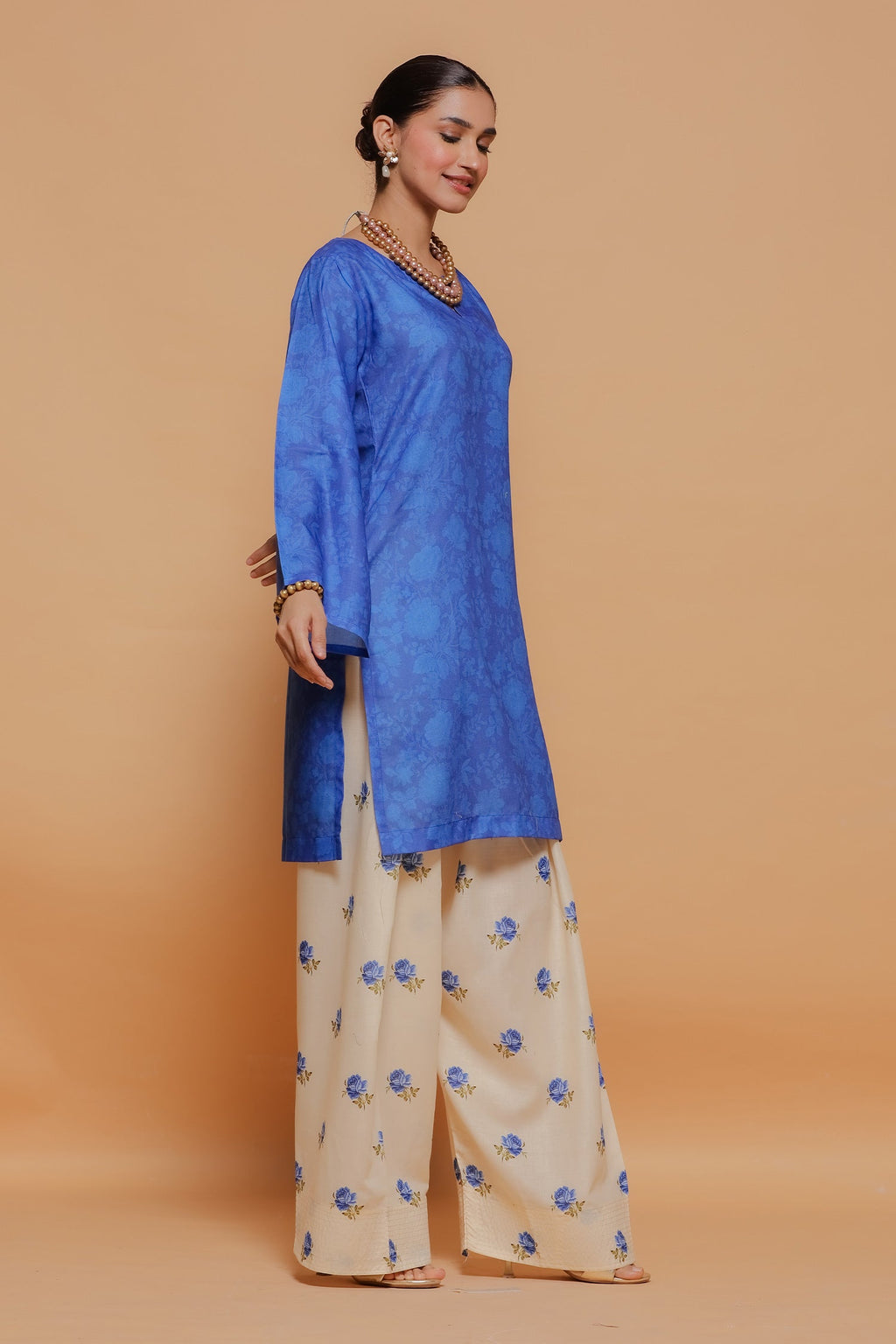 Blue Printed Lawn Cotton Co-ord Set with Farsi Pants