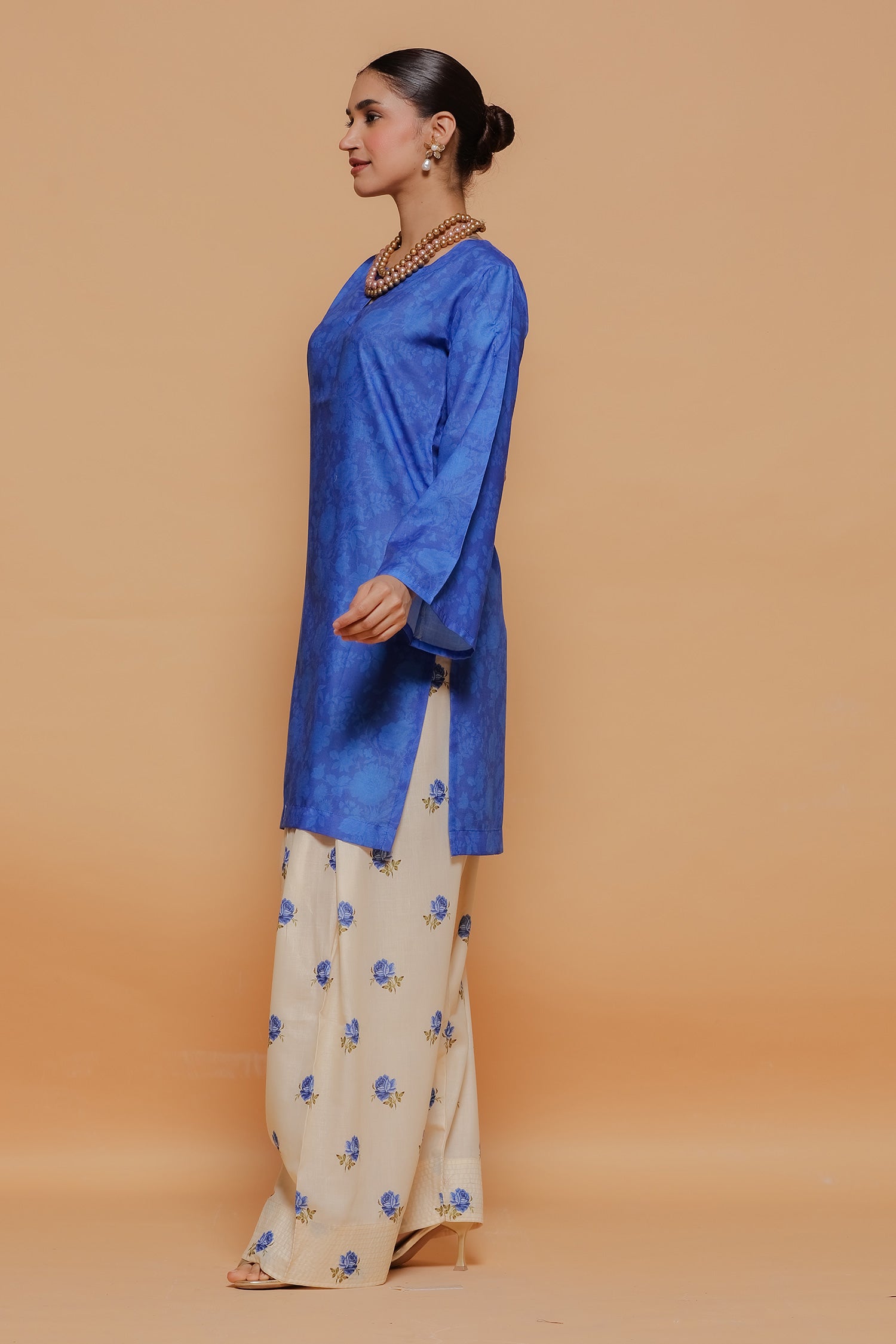 Plus Size - Blue Printed Lawn Cotton Co-ord Set with Farsi Pants