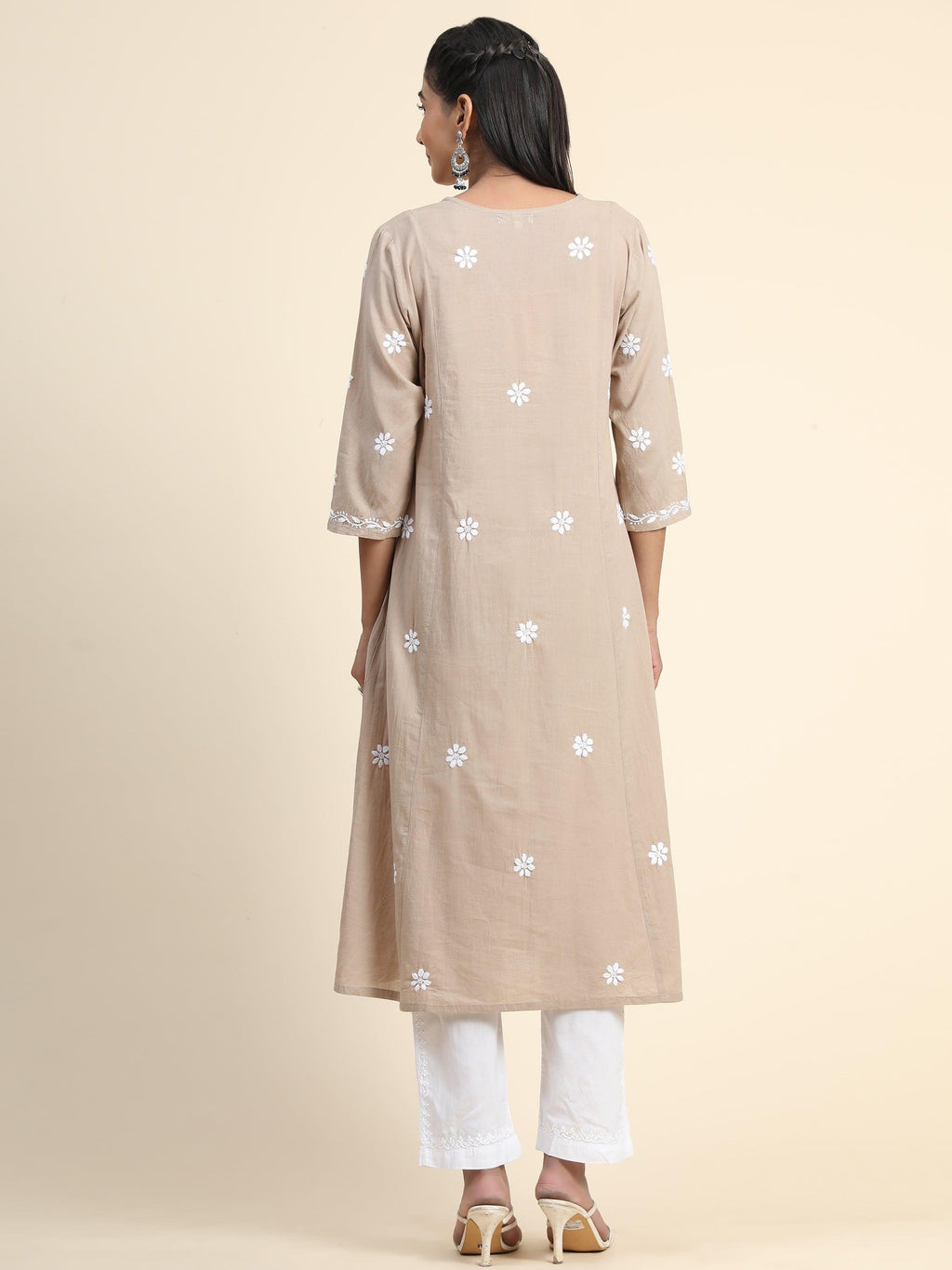 Arti Chauhan in HOK Chikankari Anarkali Kurti for Women - Beige
