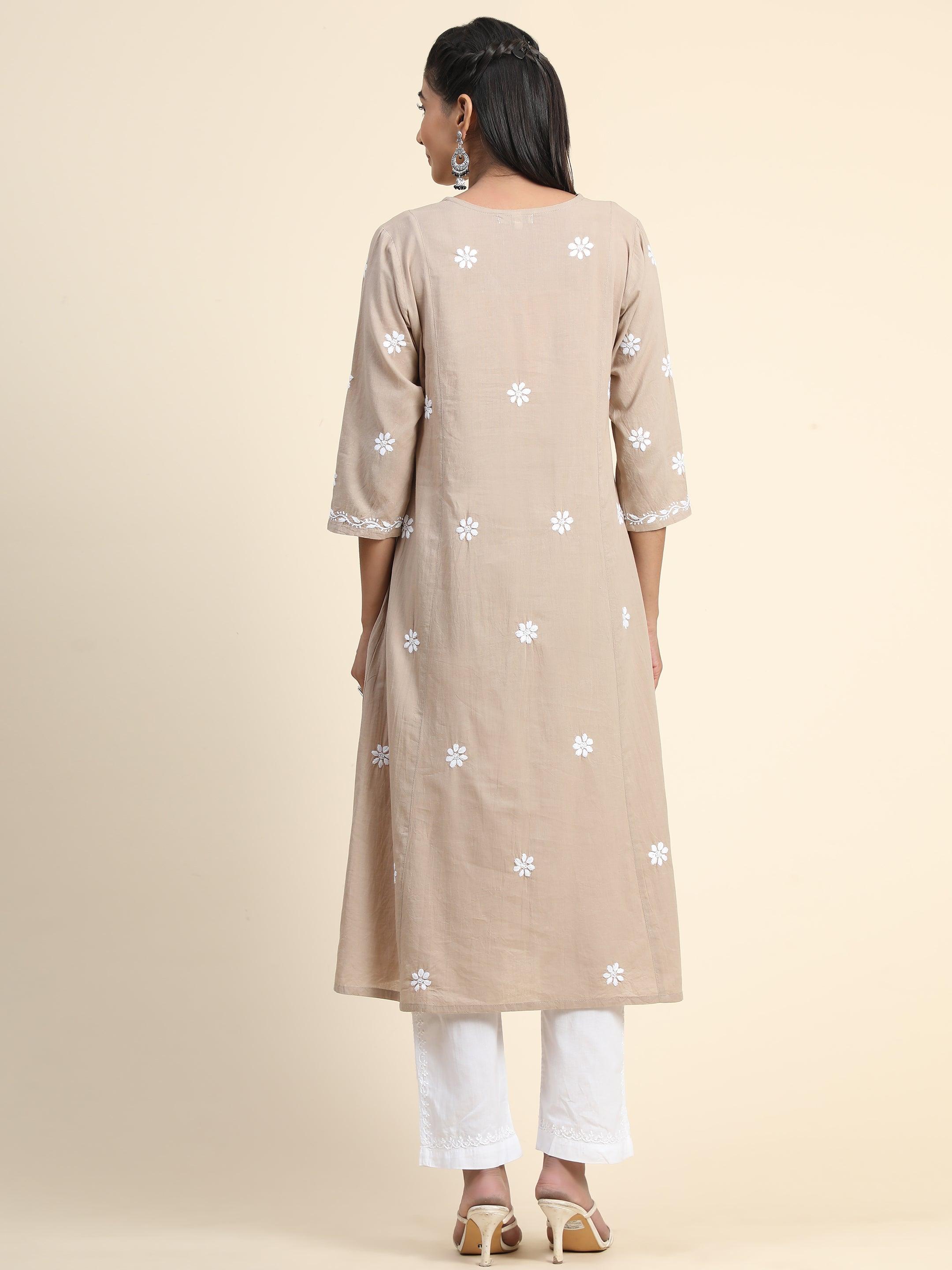 Arti Chauhan in HOK Chikankari Anarkali Kurti for Women - Beige