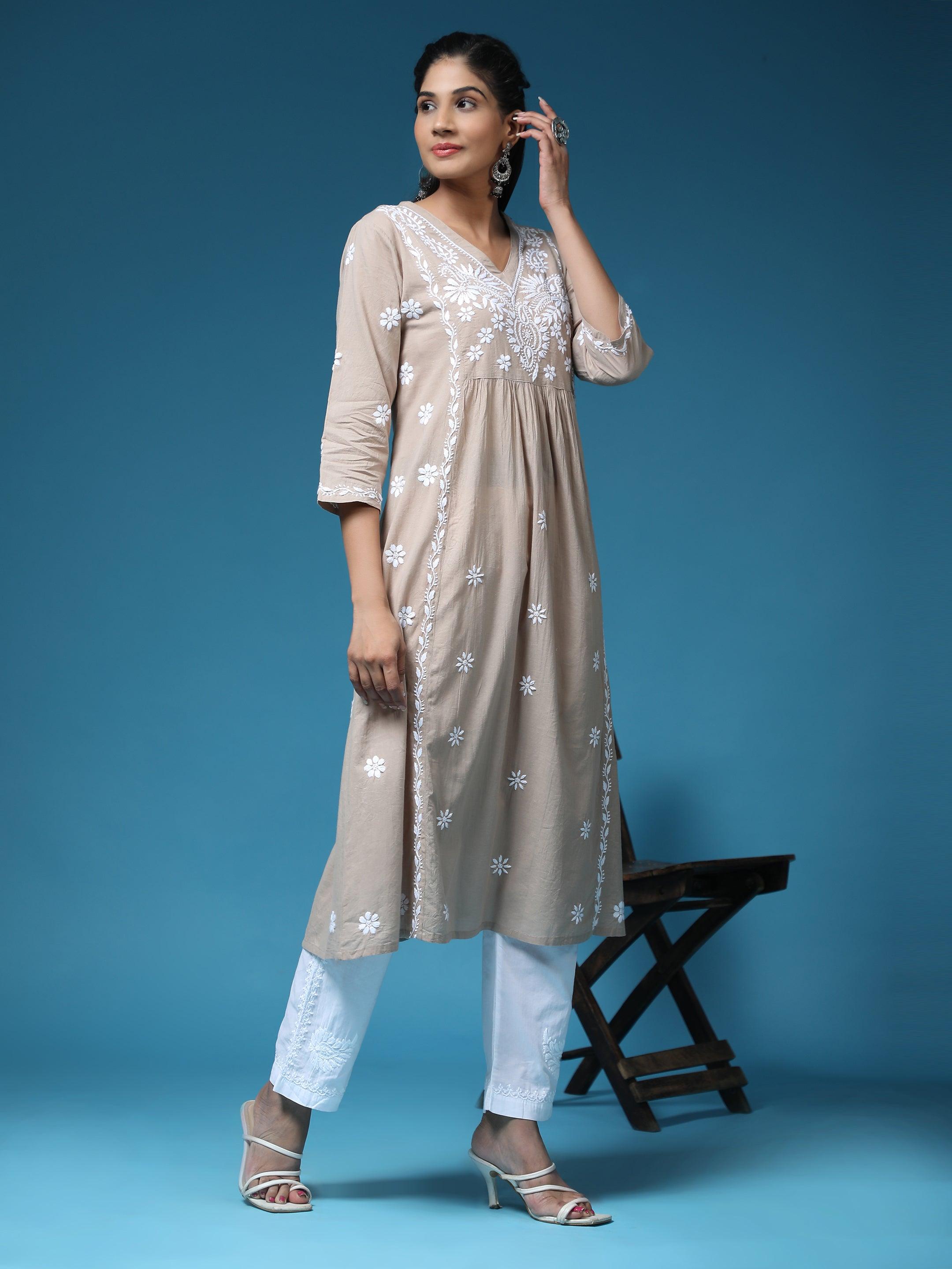 Arti Chauhan in HOK Chikankari Anarkali Kurti for Women - Beige