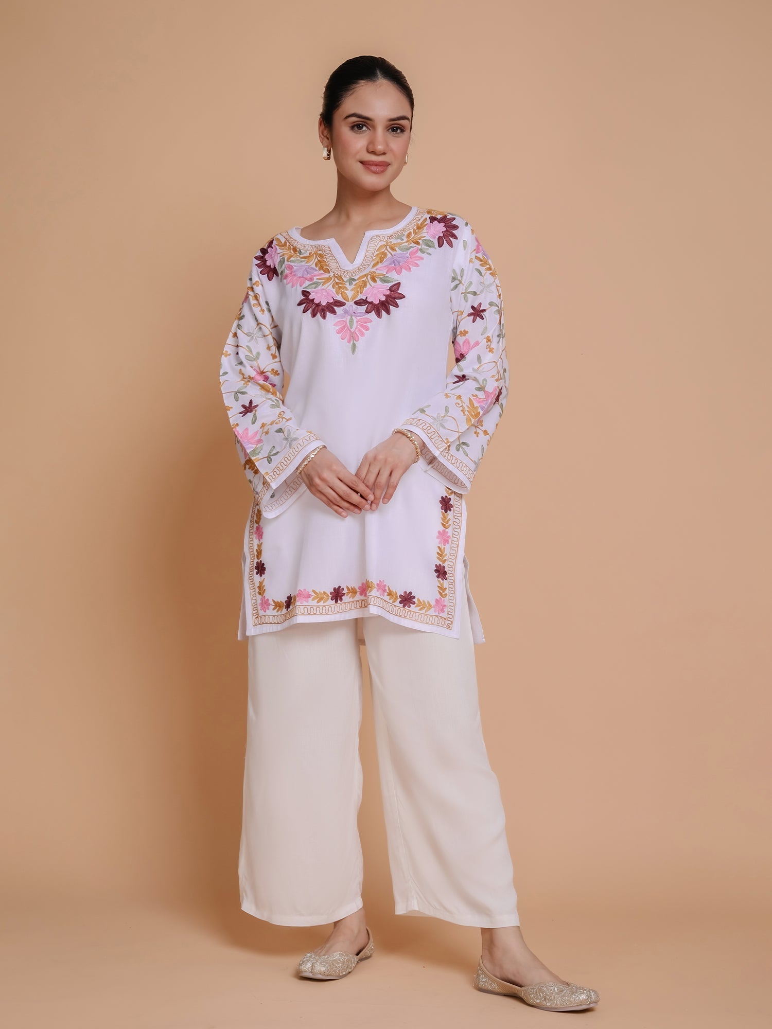 Plus Size - Falak Kashmiri Short Kurta - White