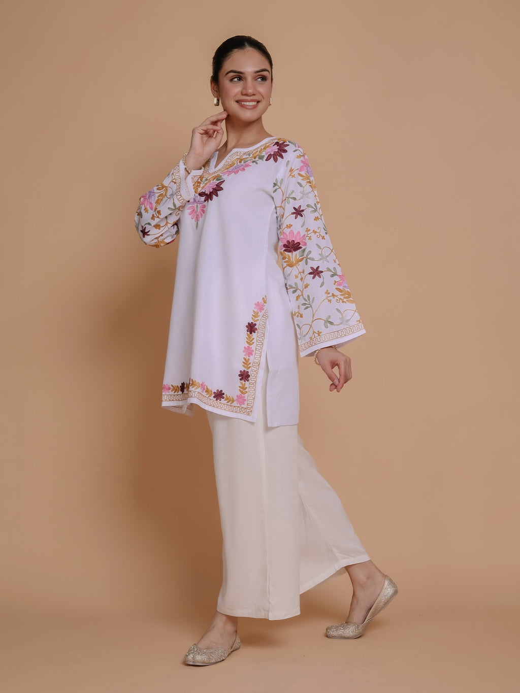 Plus Size - Falak Kashmiri Short Kurta - White