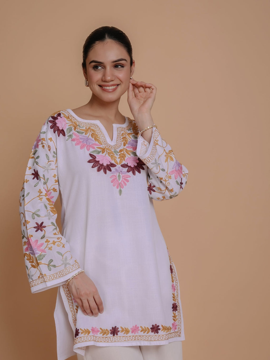 Plus Size - Falak Kashmiri Short Kurta - White