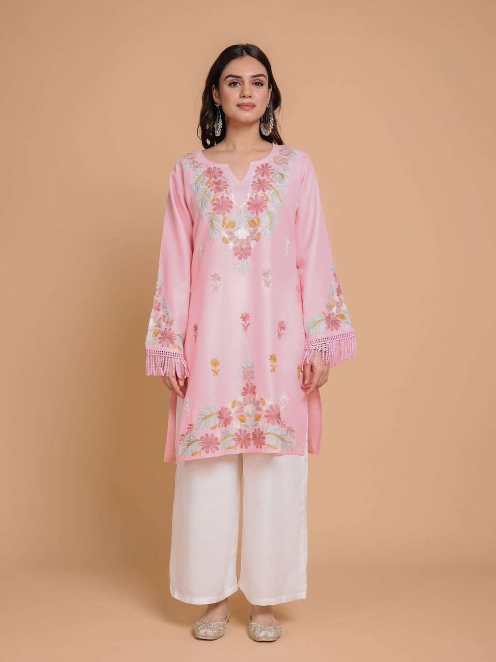 Plus Size - HOK Falak Kashmiri Long Kurta - Pink