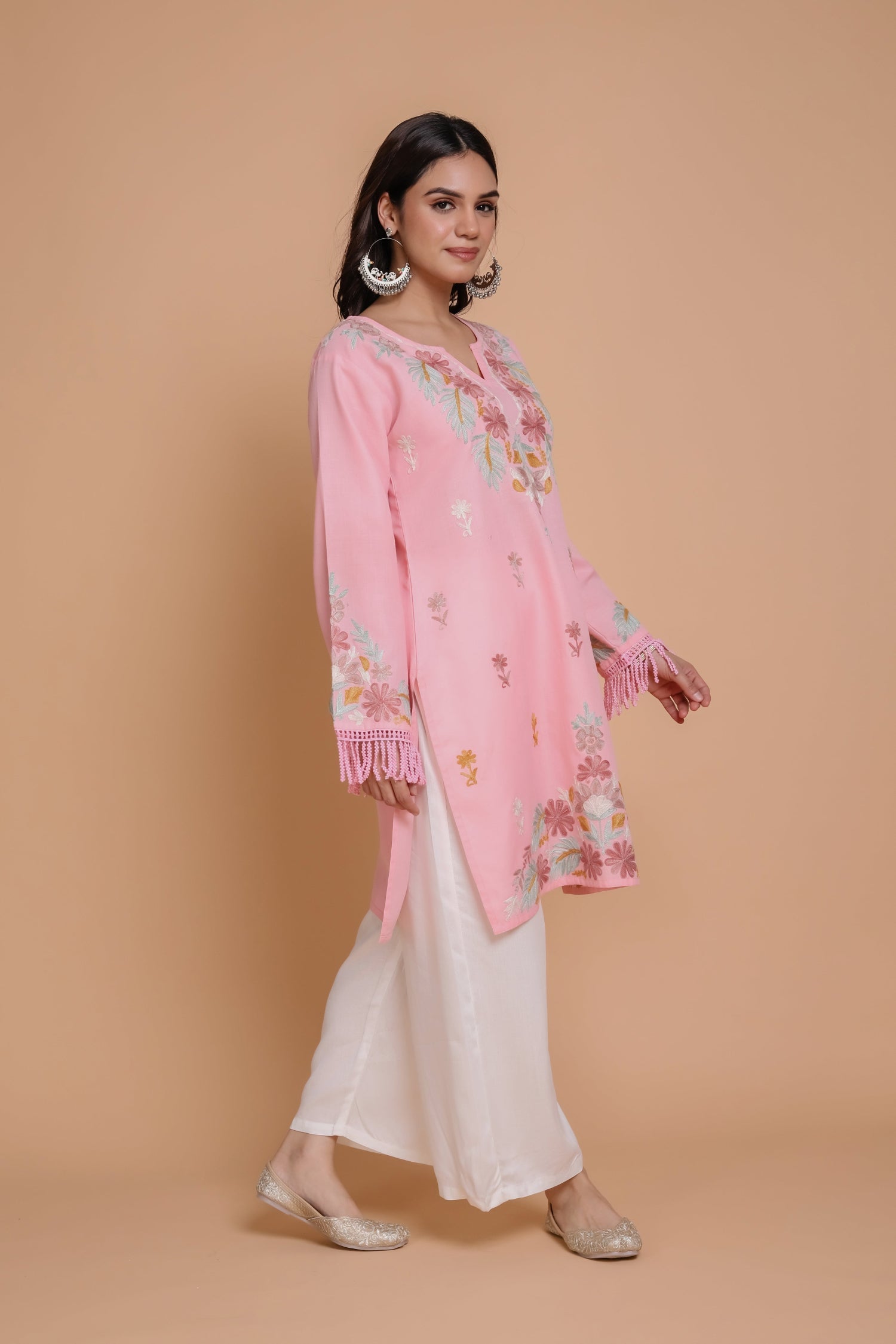 Plus Size - HOK Falak Kashmiri Long Kurta - Pink