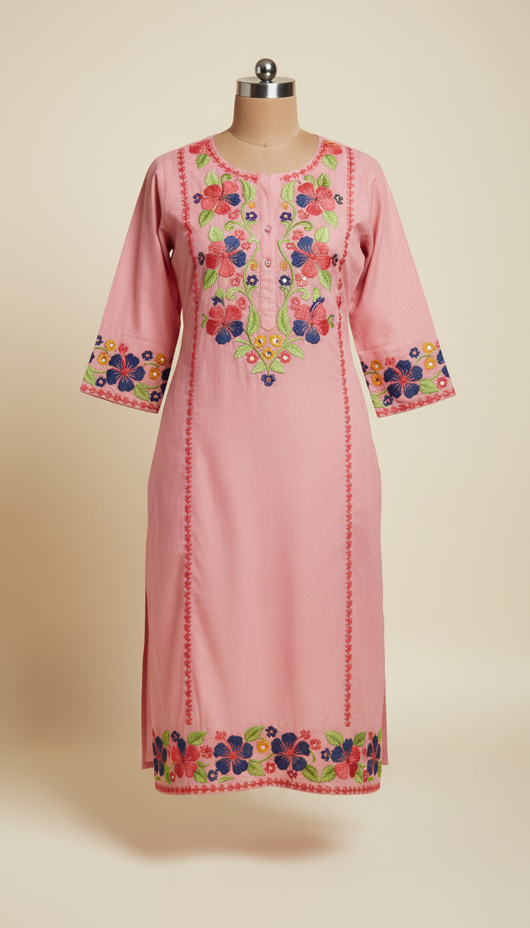 Pink Hibiscus Embroidered Kurti