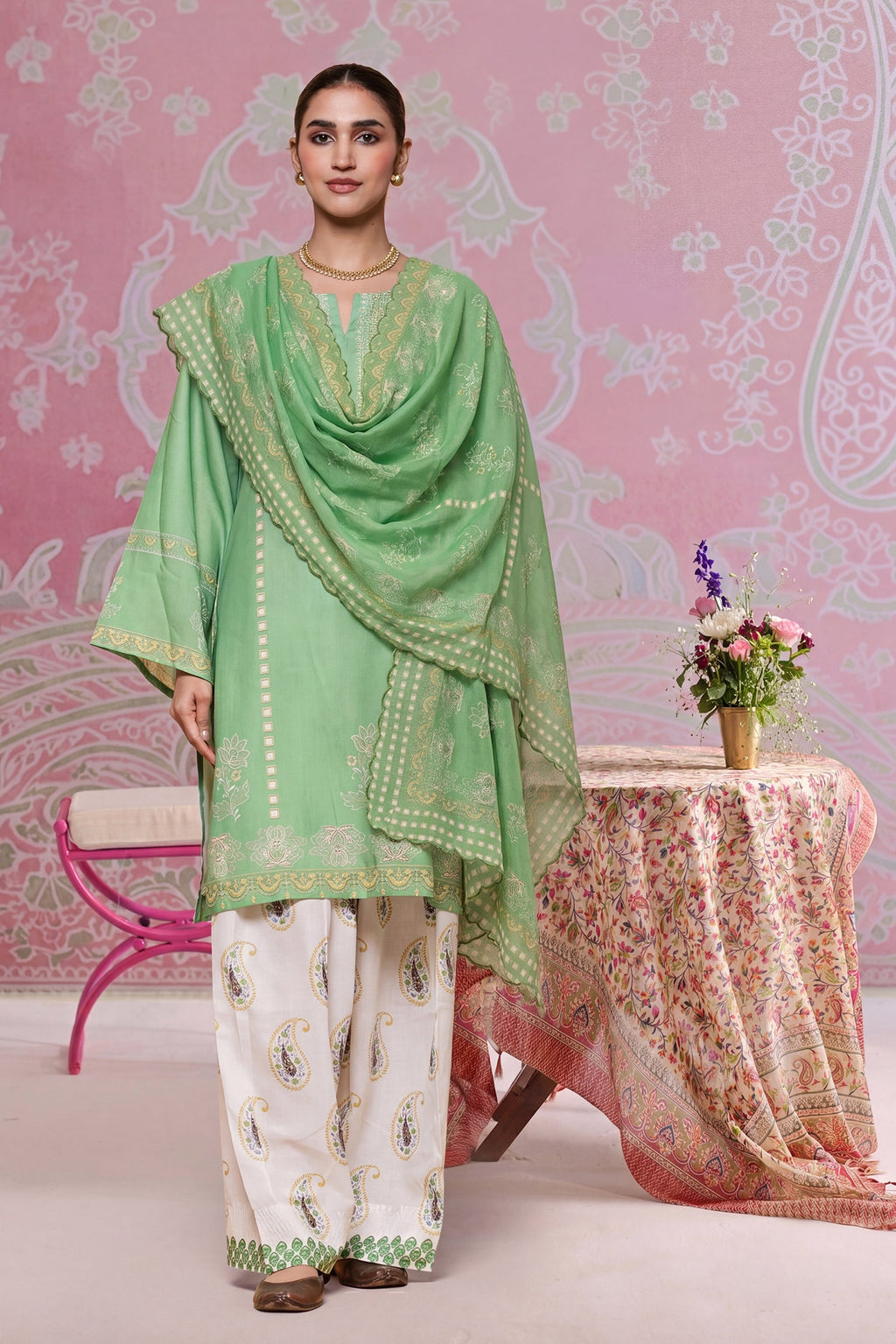 Green Printed Lawn Cotton Co-ord Set with Farsi Pants