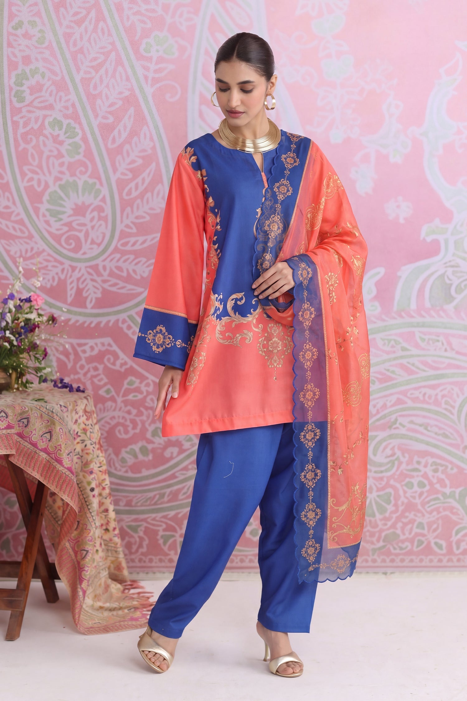 Coral & Royal Blue Printed Lawn Cotton Co-ord Set with Straight Pants